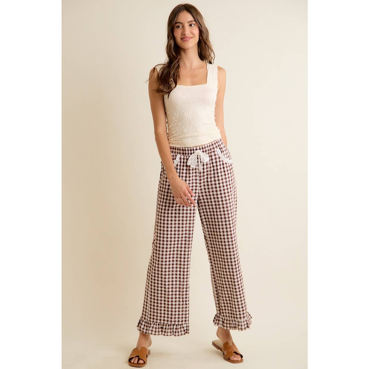 GINGHAM LACE RUFFLED PULL ON PANTS-So Me-Stuffology - Where Vintage Meets Modern, A Boutique for Real Women in Crosbyton, TX