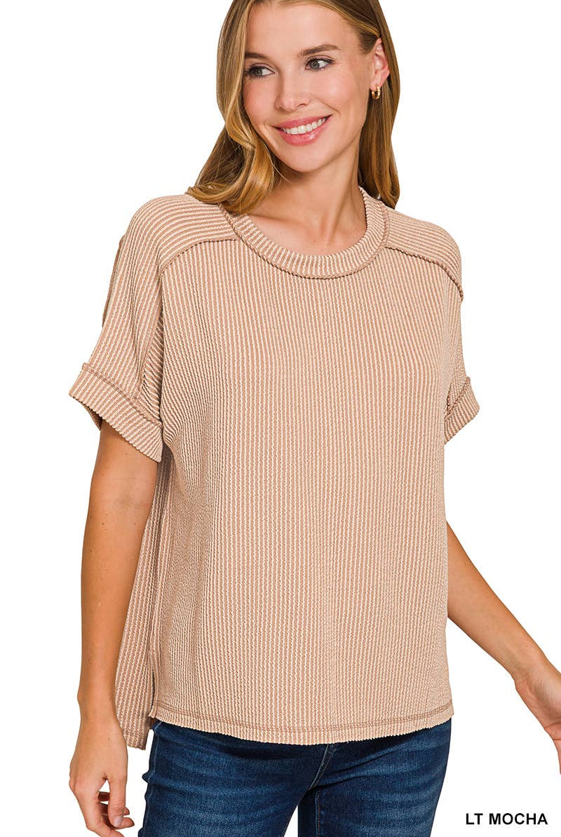 Corded Rib Short Cuff Sleeve Raw Edge Top-TOP-Stuffology Boutique-Stuffology - Where Vintage Meets Modern, A Boutique for Real Women in Crosbyton, TX