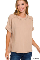 Corded Rib Short Cuff Sleeve Raw Edge Top-TOP-Stuffology Boutique-Stuffology - Where Vintage Meets Modern, A Boutique for Real Women in Crosbyton, TX