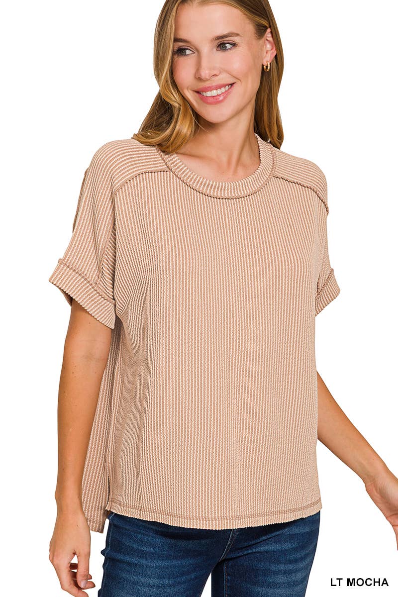 Corded Rib Short Cuff Sleeve Raw Edge Top-TOP-Stuffology Boutique-Stuffology - Where Vintage Meets Modern, A Boutique for Real Women in Crosbyton, TX