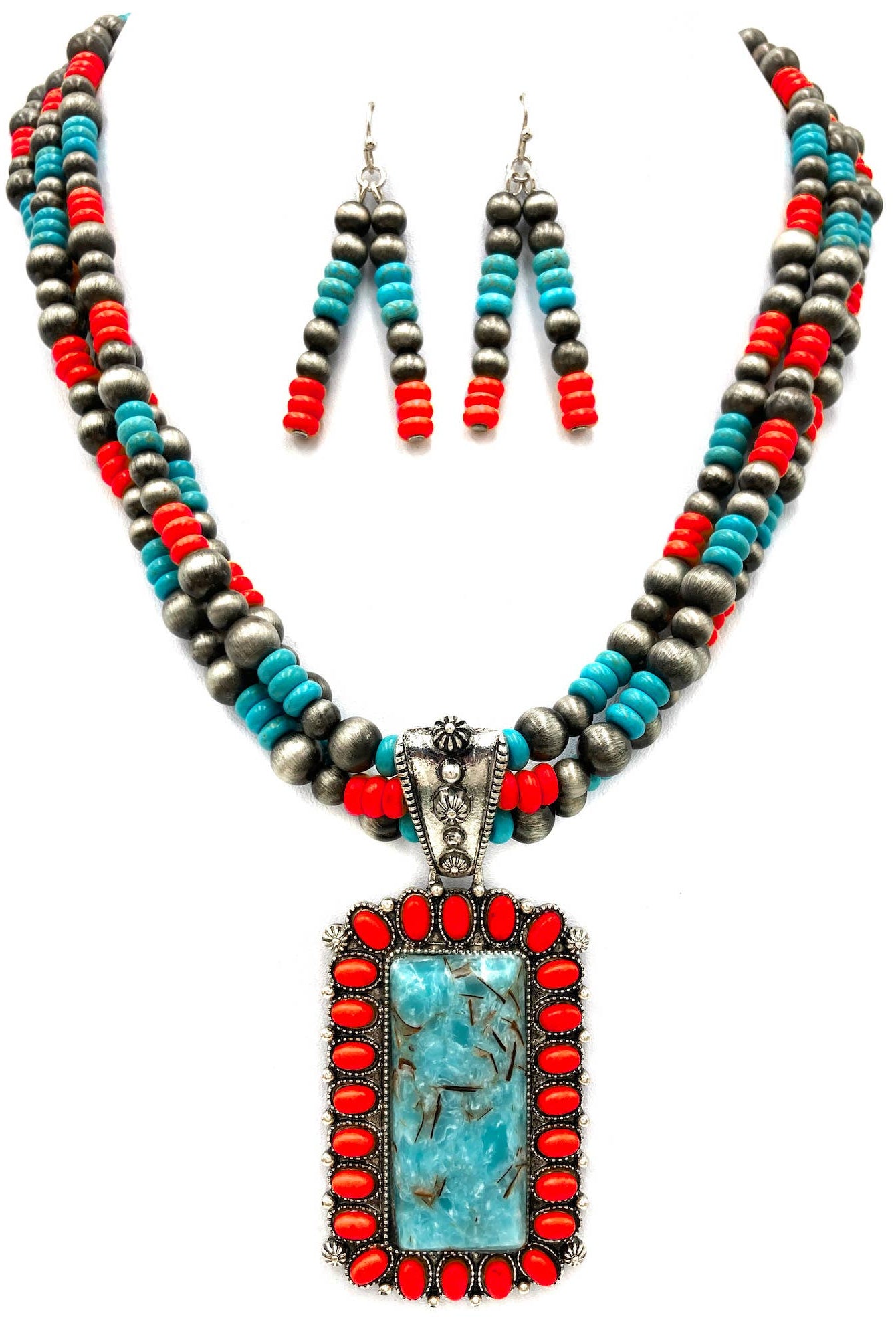 Concho Stone Turquoise Bead Pearl Western Chunky Necklace-Necklaces-Lunar Deer-Stuffology - Where Vintage Meets Modern, A Boutique for Real Women in Crosbyton, TX