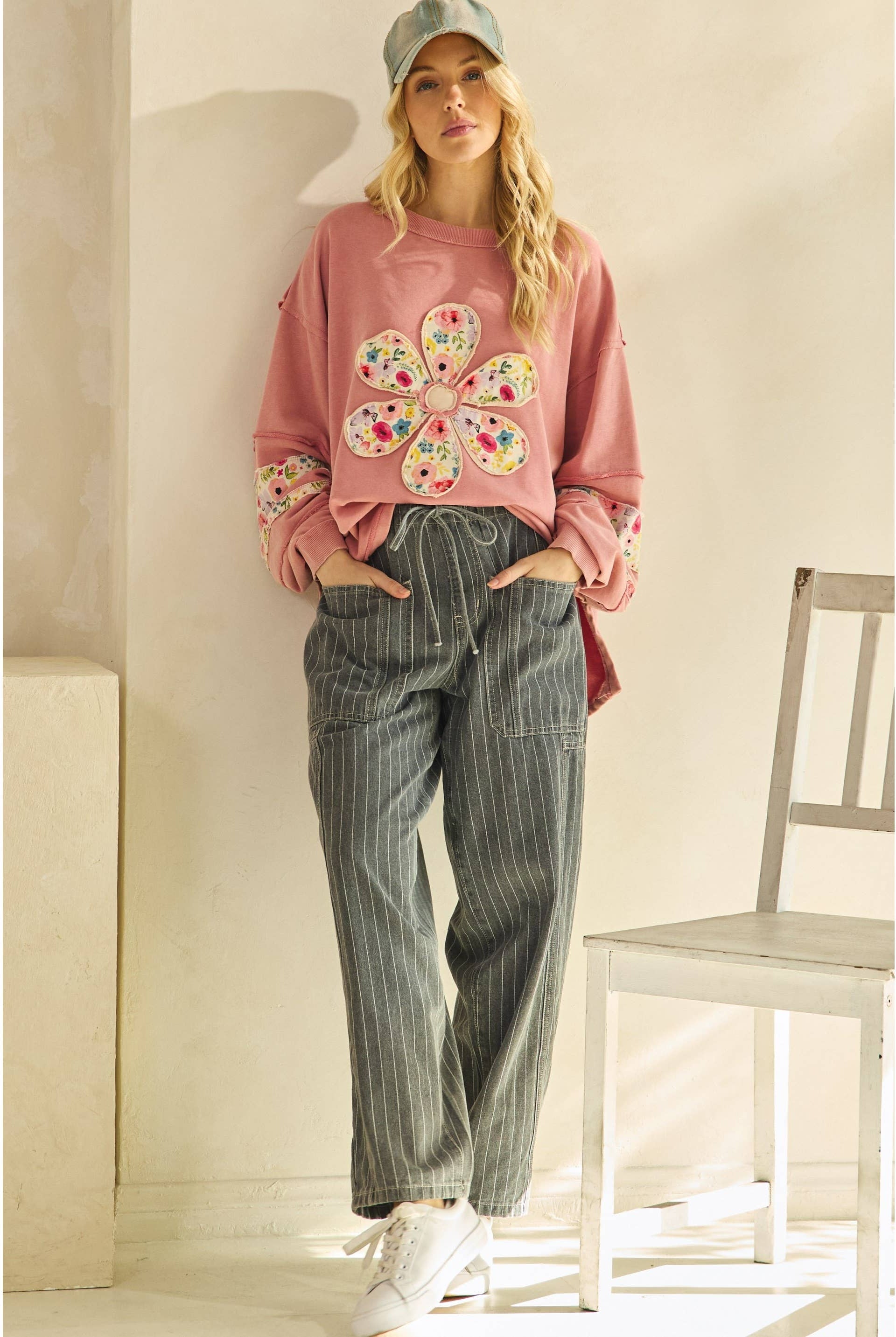 DAISY PATCH SWEATSHIRT-Sage + Fig-Stuffology - Where Vintage Meets Modern, A Boutique for Real Women in Crosbyton, TX