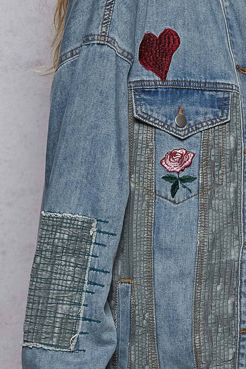 Long sleeve denim embroidery roomy fit jacket-Denim Jacket-Pol Clothing-Stuffology - Where Vintage Meets Modern, A Boutique for Real Women in Crosbyton, TX