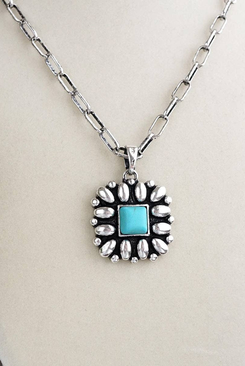Desert Bloom – Square Concho Pendant Necklace in Worn Silver-Necklaces-PennyLine inc-Stuffology - Where Vintage Meets Modern, A Boutique for Real Women in Crosbyton, TX