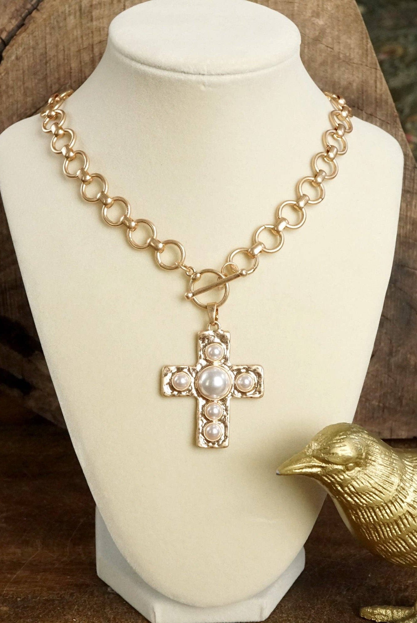 Primitive Cross Necklace – Worn Gold Tone with Acrylic Turquoise or Pearl Cabochons-PennyLine inc-Stuffology - Where Vintage Meets Modern, A Boutique for Real Women in Crosbyton, TX