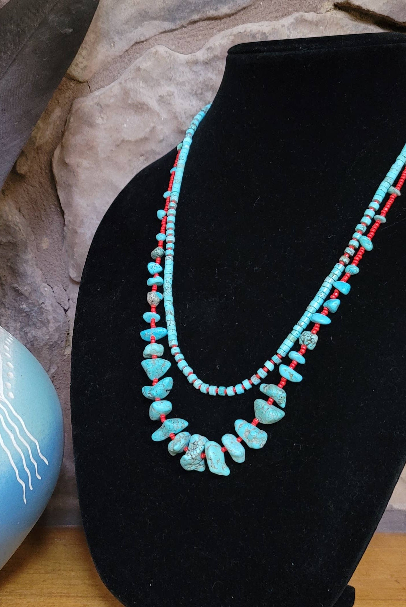 Case of 2 Turquoise, red glass bead necklaces, Native made-Necklaces-Horse Spirit Studio-Stuffology - Where Vintage Meets Modern, A Boutique for Real Women in Crosbyton, TX