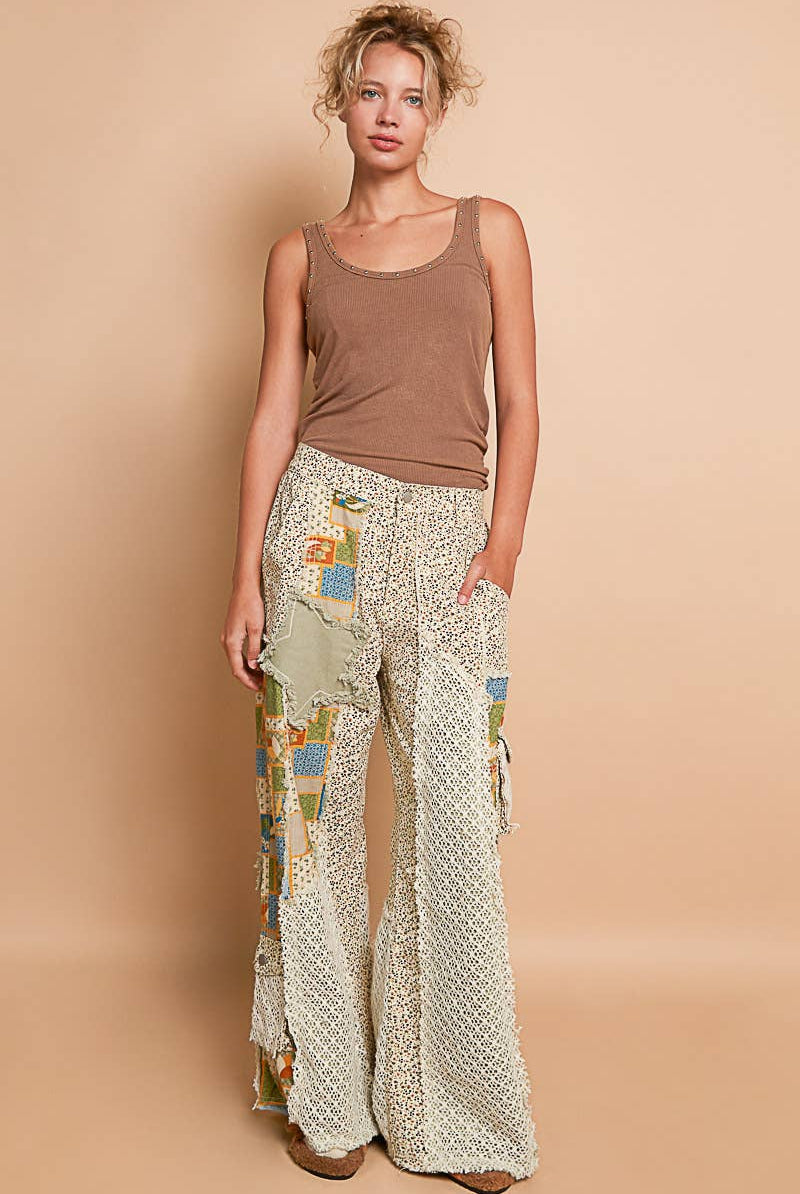 Printed Patchwork Star Detail Woven Twill Pants Jeans-Jeans-Pol Clothing-Stuffology - Where Vintage Meets Modern, A Boutique for Real Women in Crosbyton, TX