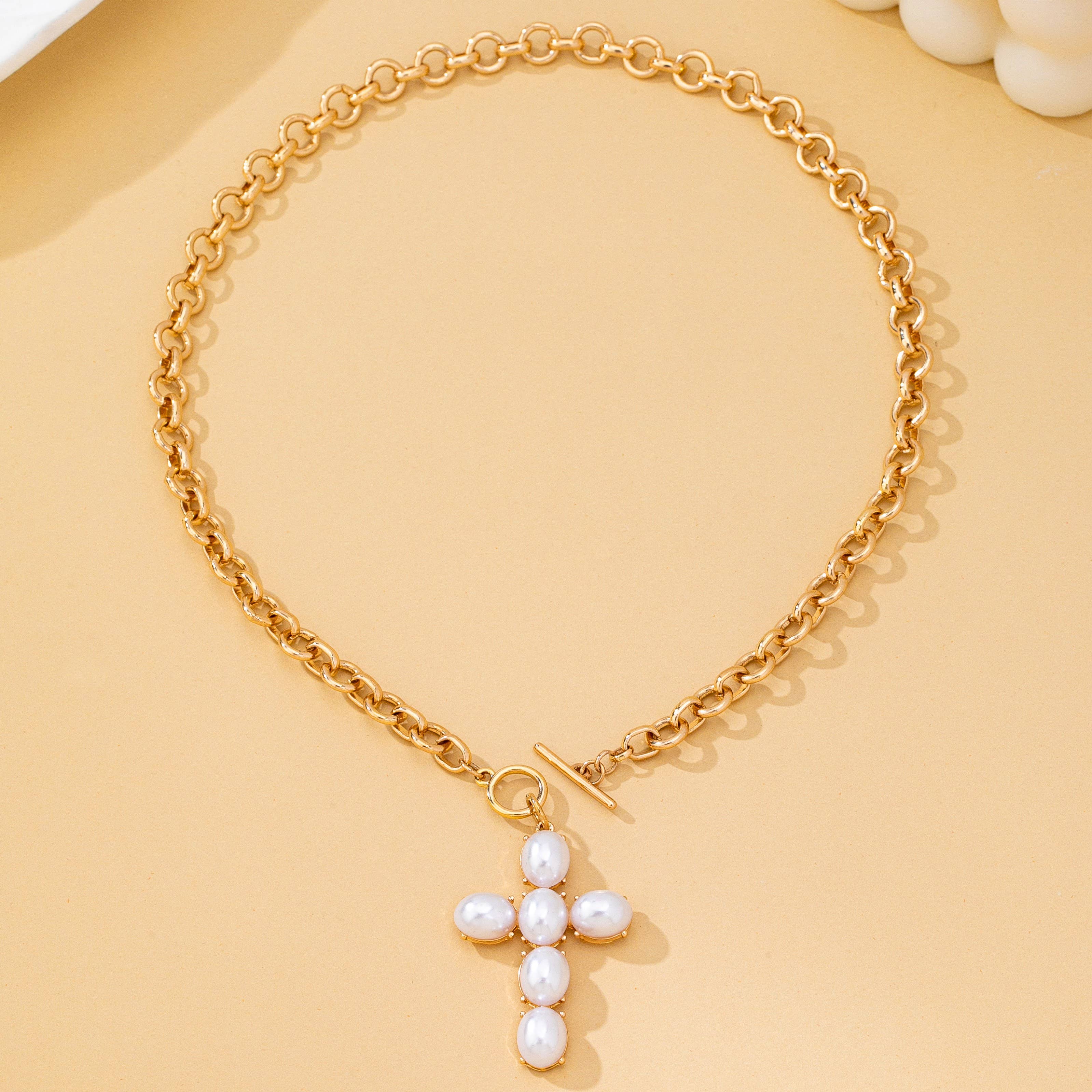 Large Pearl Cross Toggle Necklace | 80N93068-JOSSLYN by wall to wall-Stuffology - Where Vintage Meets Modern, A Boutique for Real Women in Crosbyton, TX