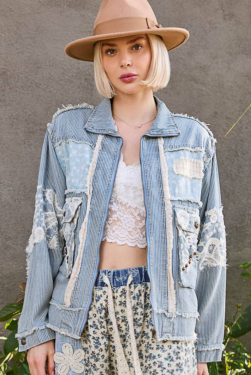 POL Clothing - Long sleeve textured woven lace patchwork jacket-Jackets-Pol Clothing-Stuffology - Where Vintage Meets Modern, A Boutique for Real Women in Crosbyton, TX