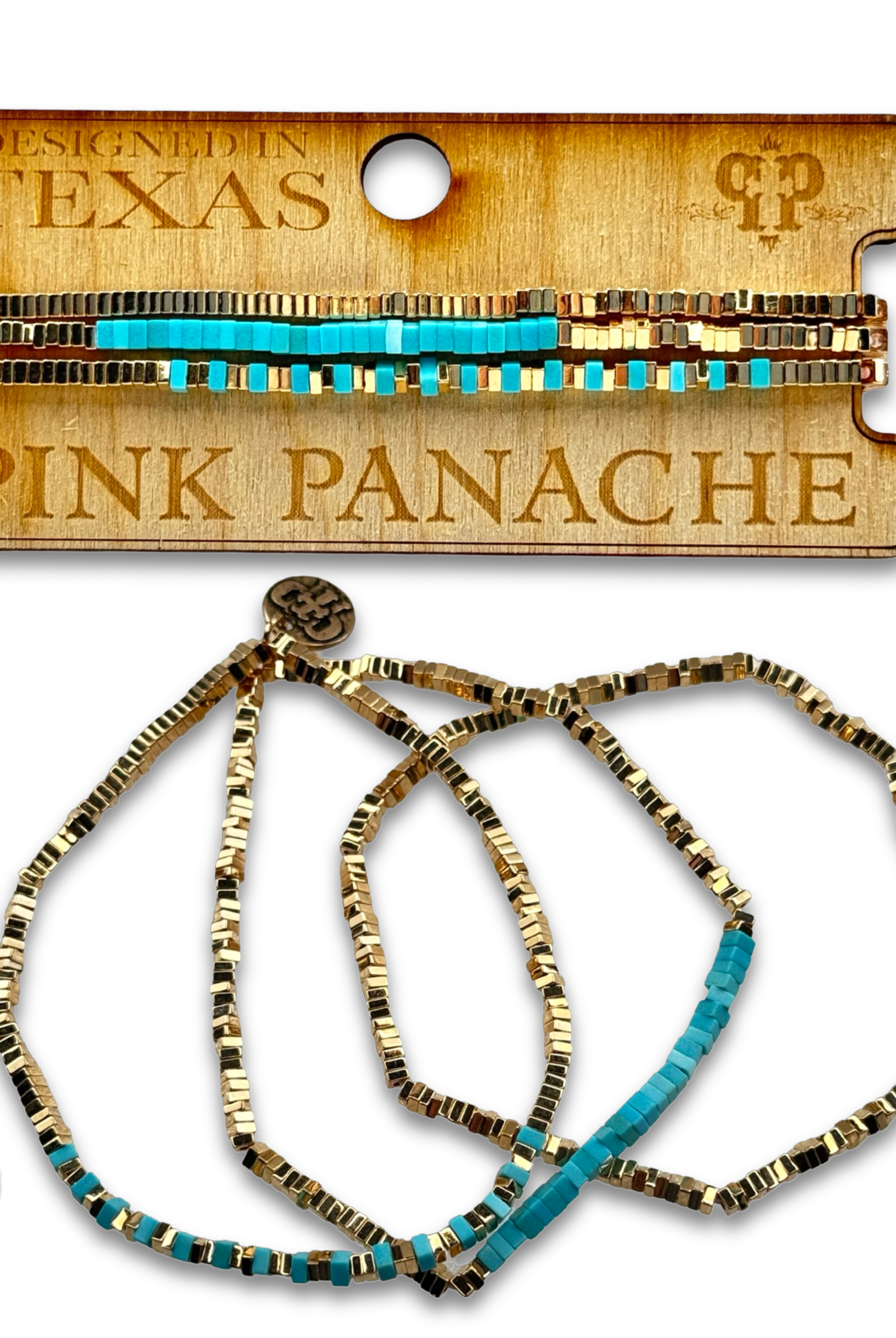 Gold and turquoise square bead bracelet-Bracelets-Pink Panache Brands-Stuffology - Where Vintage Meets Modern, A Boutique for Real Women in Crosbyton, TX