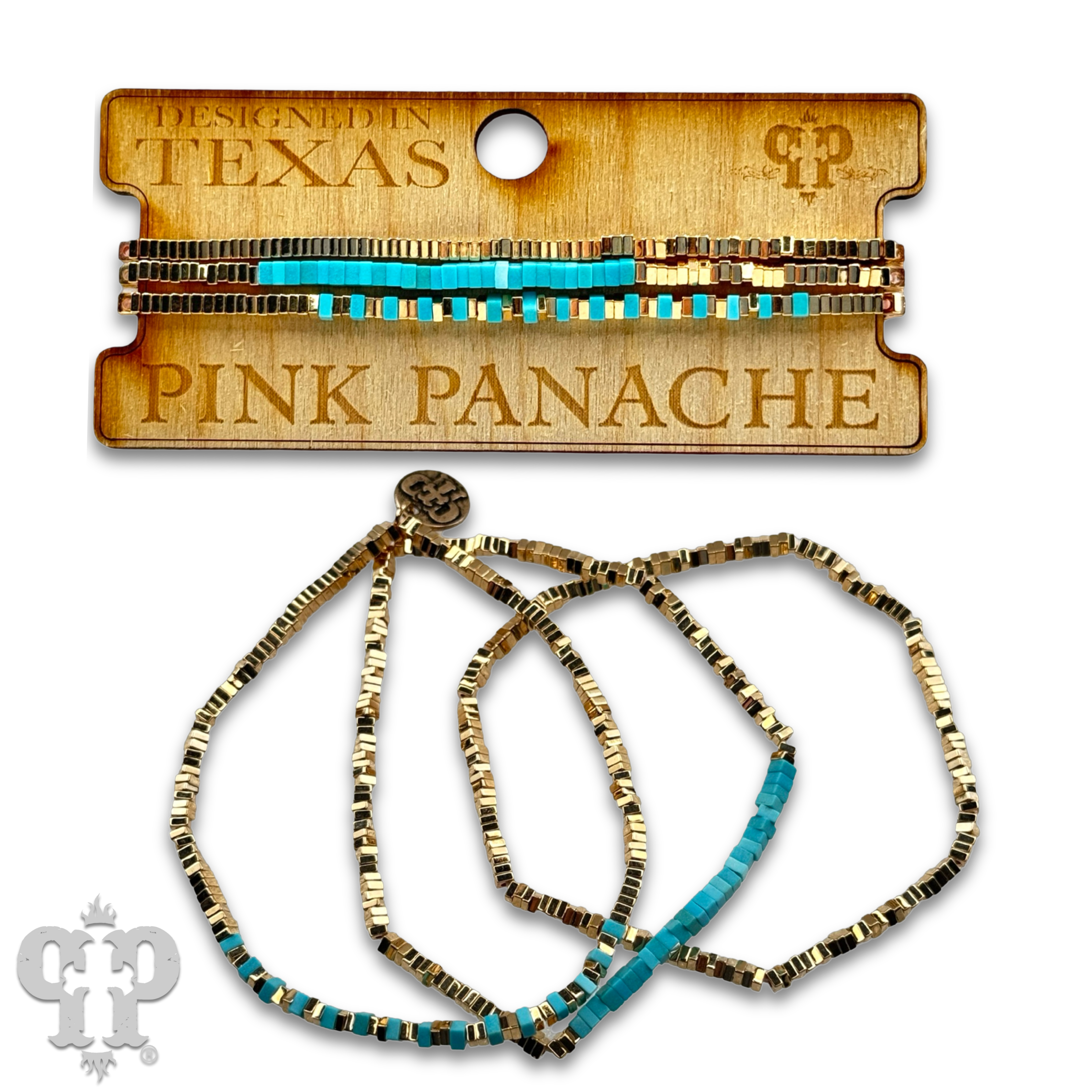 Gold and turquoise square bead bracelet-Bracelets-Pink Panache Brands-Stuffology - Where Vintage Meets Modern, A Boutique for Real Women in Crosbyton, TX