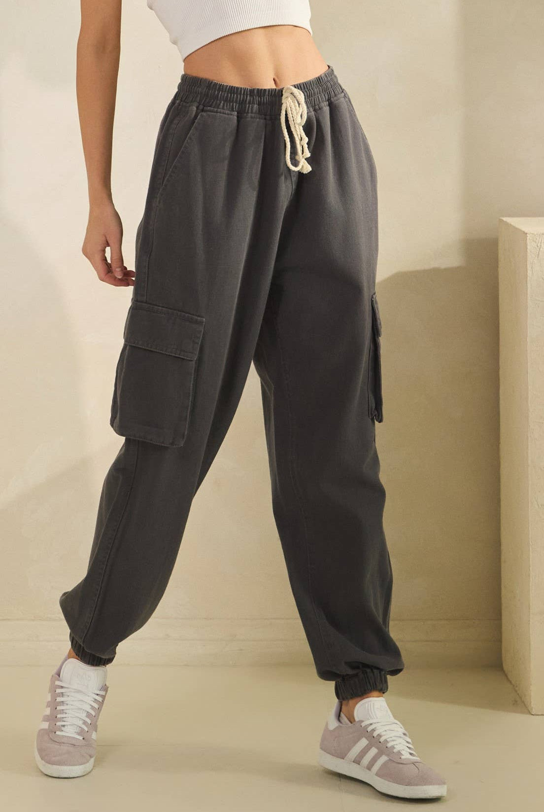 ACID WASH DENIM CARGO JOGGERS-pants-Sage + Fig-Stuffology - Where Vintage Meets Modern, A Boutique for Real Women in Crosbyton, TX