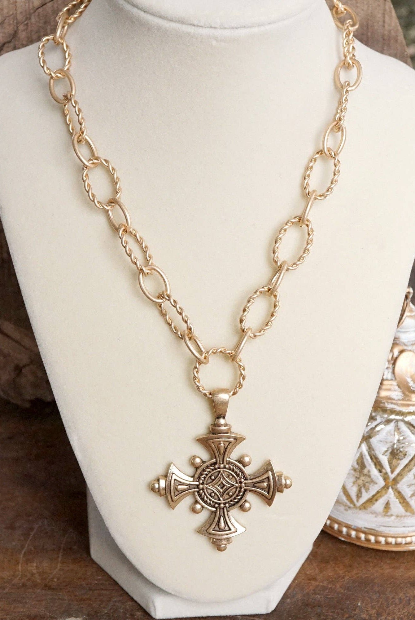 Decorative Cross Statement Necklace – Worn Gold Tone-Necklaces-PennyLine inc-Stuffology - Where Vintage Meets Modern, A Boutique for Real Women in Crosbyton, TX