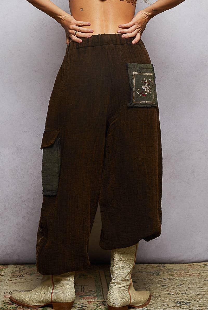 POL Clothing Double gauze floral embroidery accents patch detail pants-pants-Pol Clothing-Stuffology - Where Vintage Meets Modern, A Boutique for Real Women in Crosbyton, TX