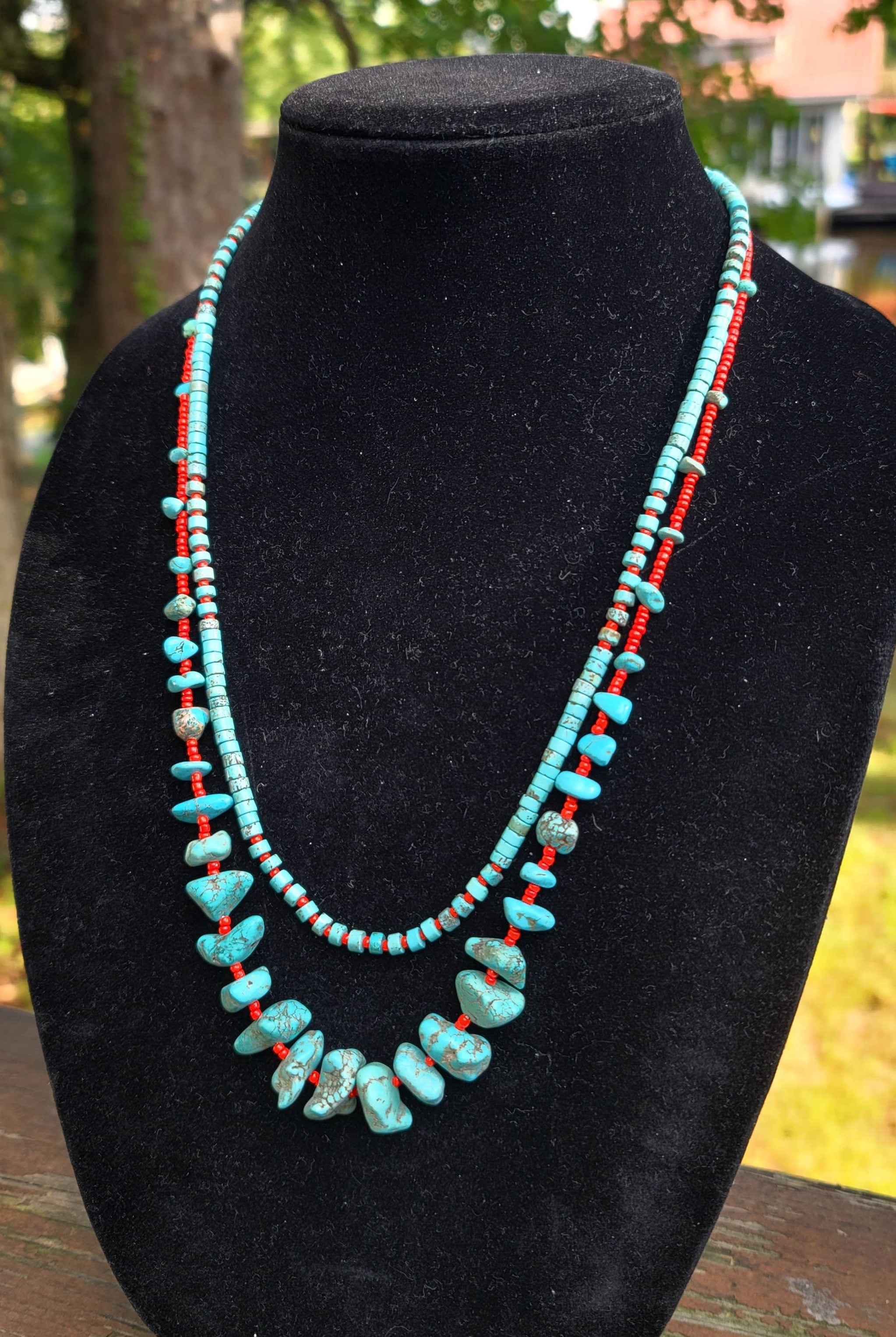 Case of 2 Turquoise, red glass bead necklaces, Native made-Necklaces-Horse Spirit Studio-Stuffology - Where Vintage Meets Modern, A Boutique for Real Women in Crosbyton, TX