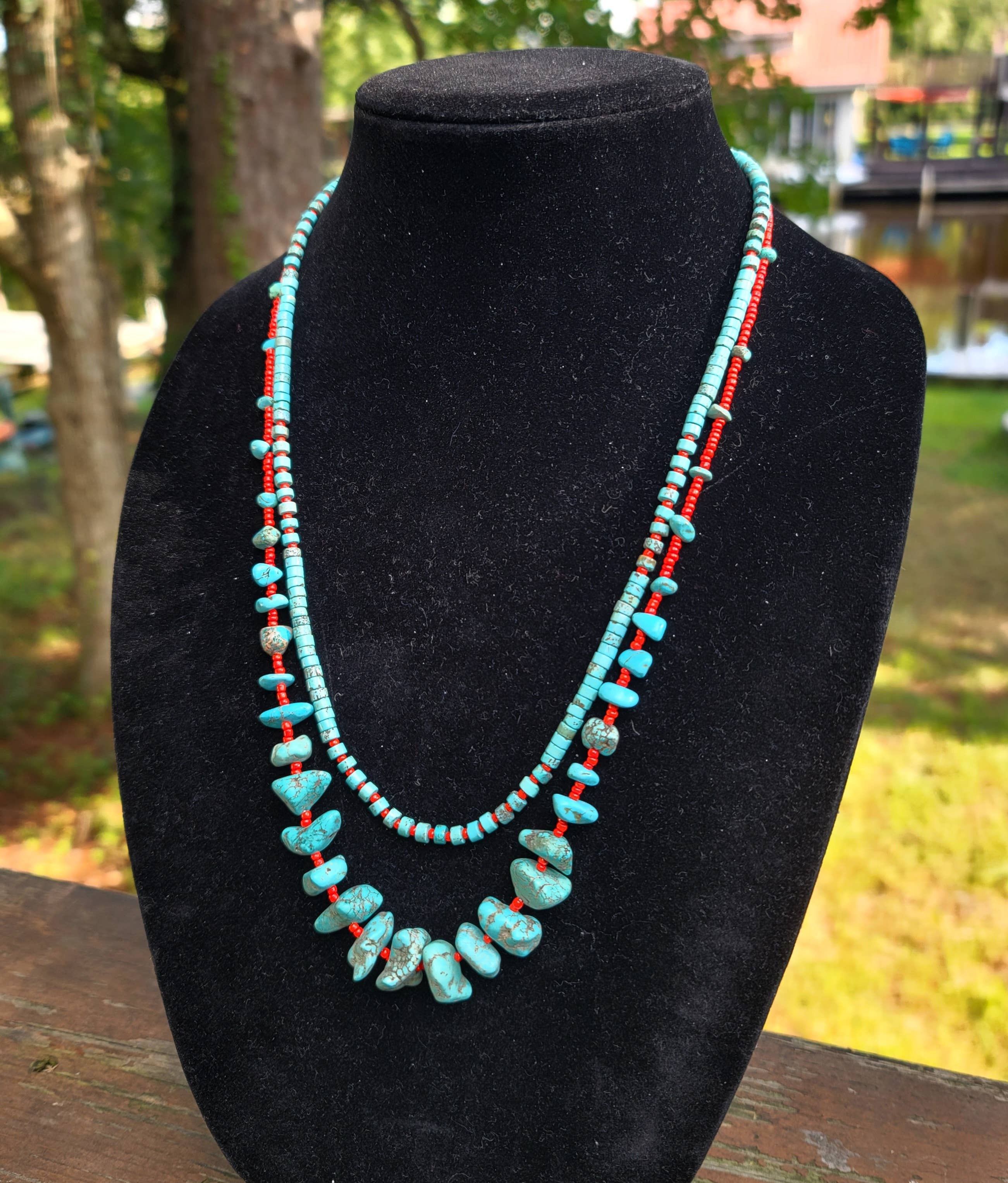 Case of 2 Turquoise, red glass bead necklaces, Native made-Necklaces-Horse Spirit Studio-Stuffology - Where Vintage Meets Modern, A Boutique for Real Women in Crosbyton, TX