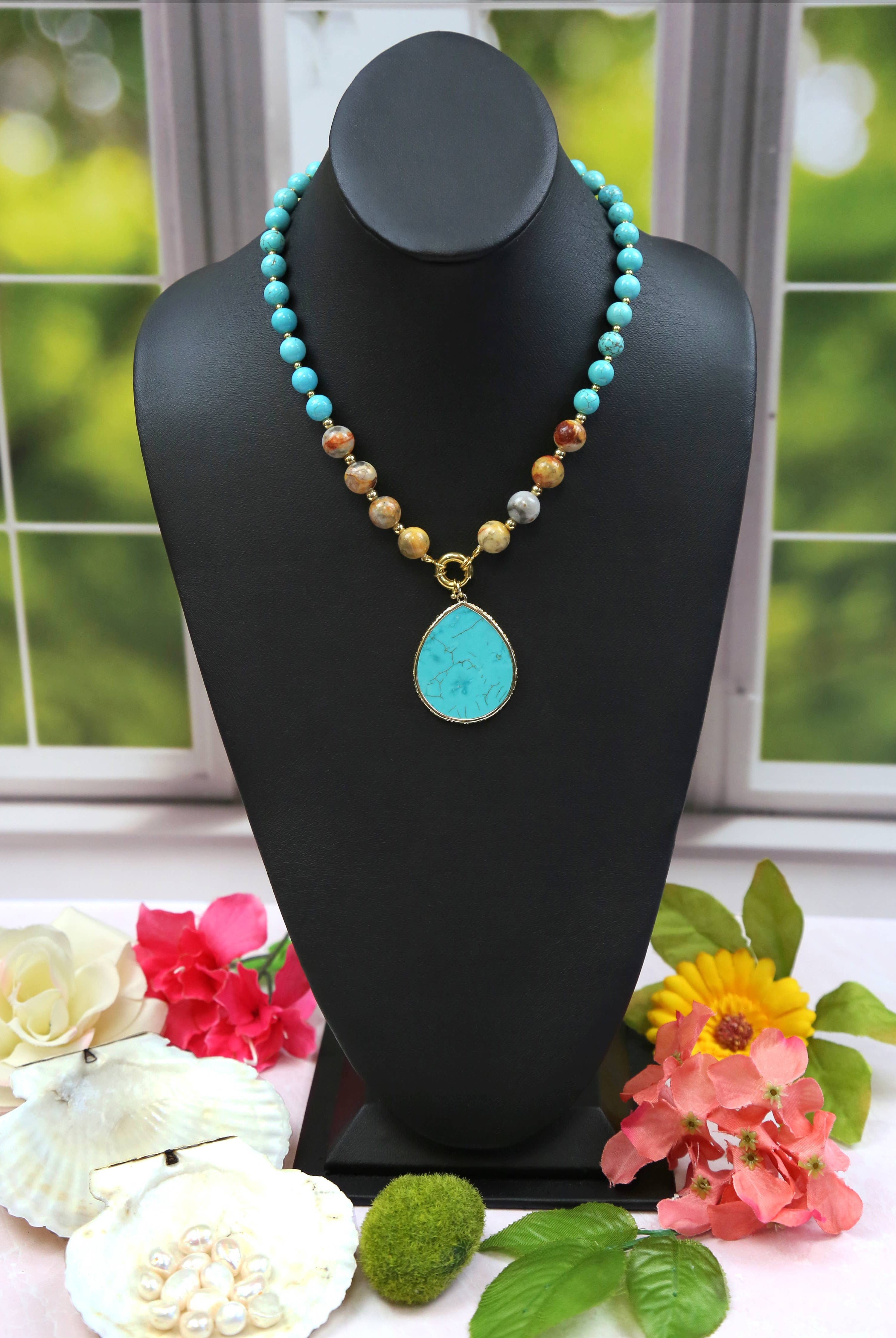 Crazy Lace Agate and Magnesite Turquoise Pendant Necklace-IST Jewelry-Stuffology - Where Vintage Meets Modern, A Boutique for Real Women in Crosbyton, TX