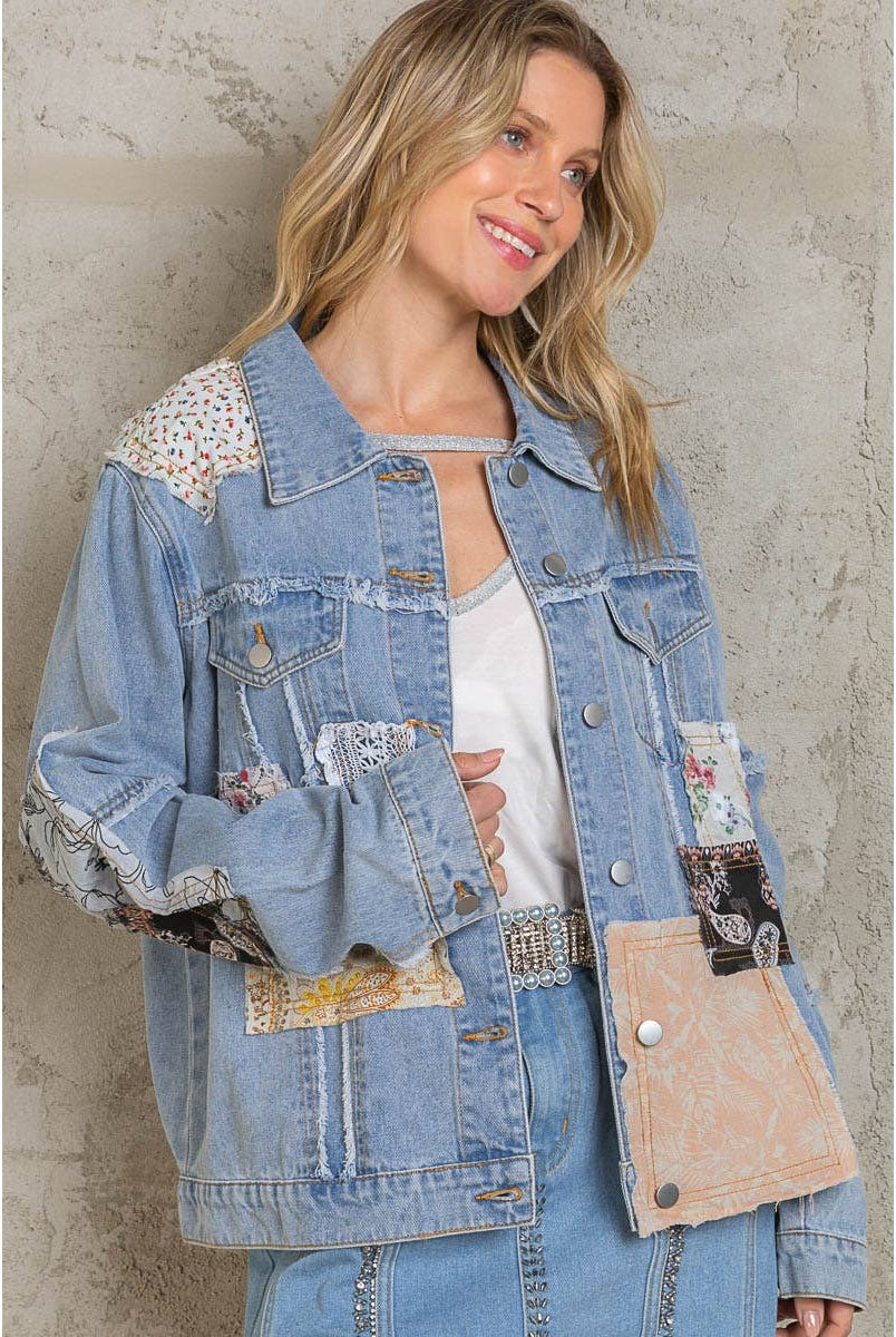 Distressed Outseam Patch Detail Button Down Denim Jacket /Stuffology Boutique-Jackets-Pol Clothing-Stuffology - Where Vintage Meets Modern, A Boutique for Real Women in Crosbyton, TX