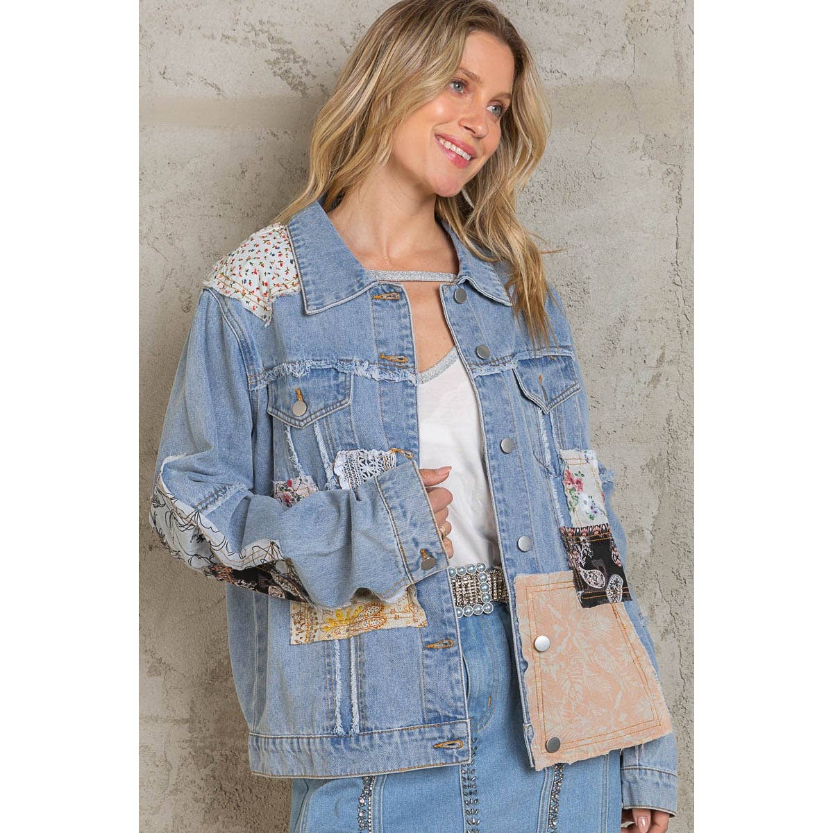 Distressed Outseam Patch Detail Button Down Denim Jacket /Stuffology Boutique-Jackets-Pol Clothing-Stuffology - Where Vintage Meets Modern, A Boutique for Real Women in Crosbyton, TX