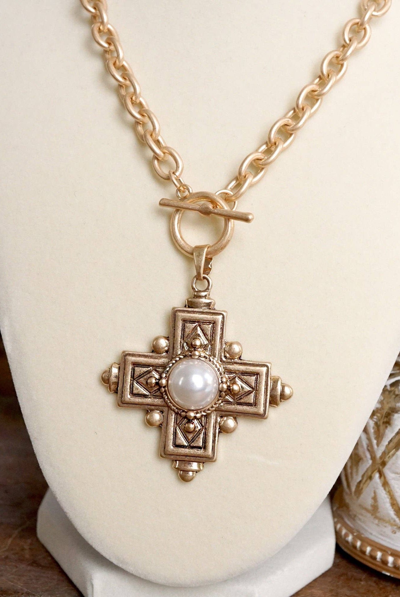 Decorative Cross Necklace Worn Gold Tone Front Toggle and Pearl-Necklaces-PennyLine inc-Stuffology - Where Vintage Meets Modern, A Boutique for Real Women in Crosbyton, TX