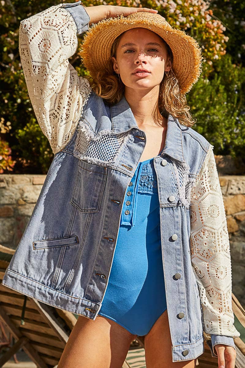 Oversize lace long sleeve crochet patches denim jacket-Shirt / Jacket-Pol Clothing-Stuffology - Where Vintage Meets Modern, A Boutique for Real Women in Crosbyton, TX