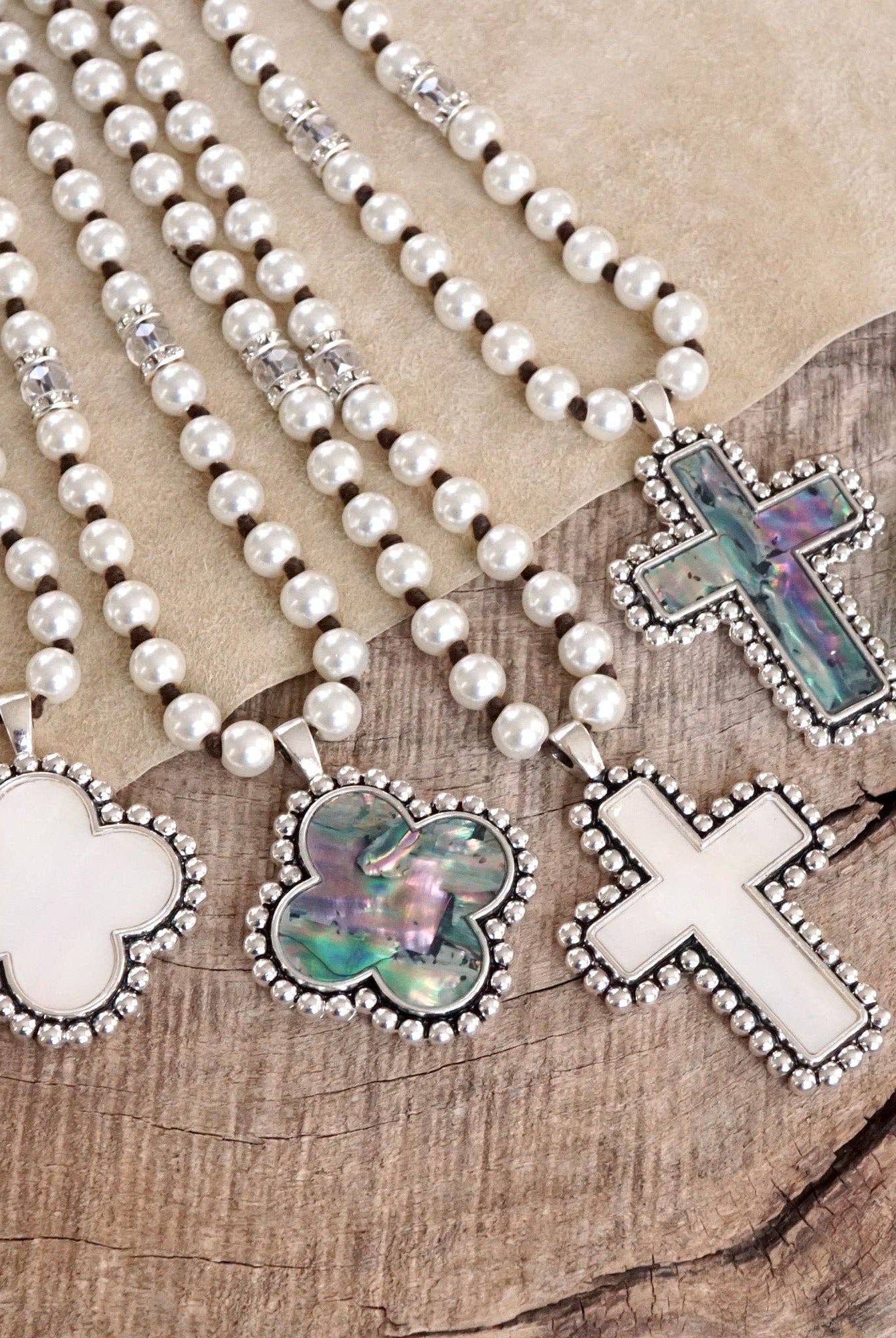 Pearlized beads Necklace with Cross and Clover pendant Mother of Pearl Abalone-PennyLine inc-Stuffology - Where Vintage Meets Modern, A Boutique for Real Women in Crosbyton, TX