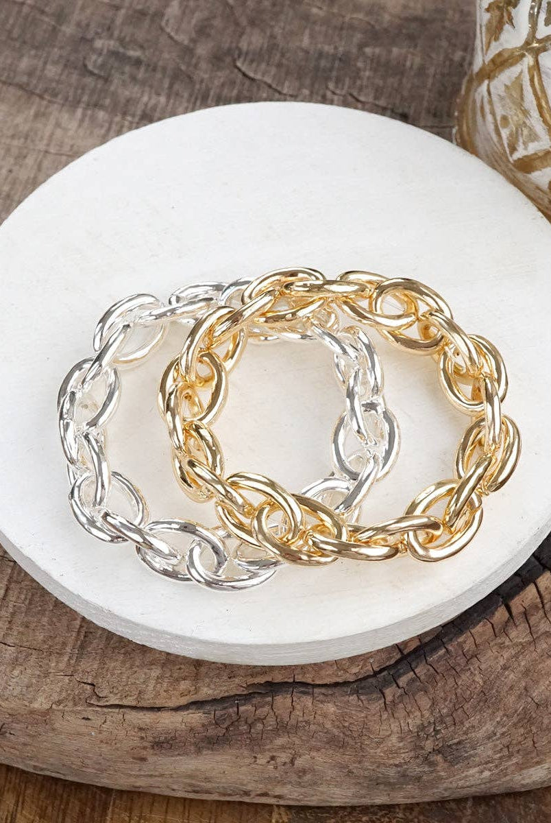 Bold Links – Chunky Chain Stretchy Bracelet - in Gold-Bracelets-PennyLine inc-Stuffology - Where Vintage Meets Modern, A Boutique for Real Women in Crosbyton, TX