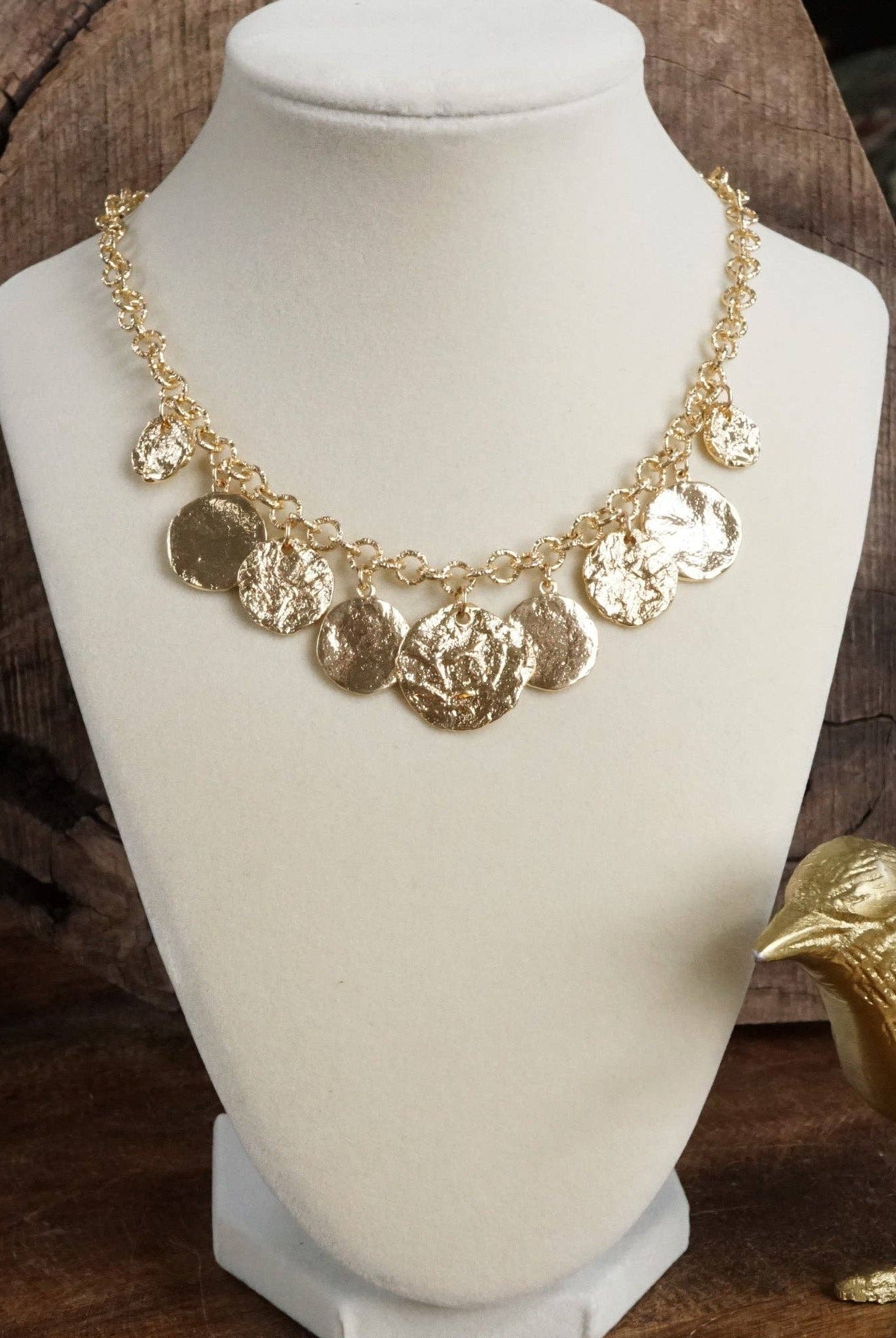 Textured Coins Statement Necklace – Gold Tone-Necklaces-PennyLine inc-Stuffology - Where Vintage Meets Modern, A Boutique for Real Women in Crosbyton, TX