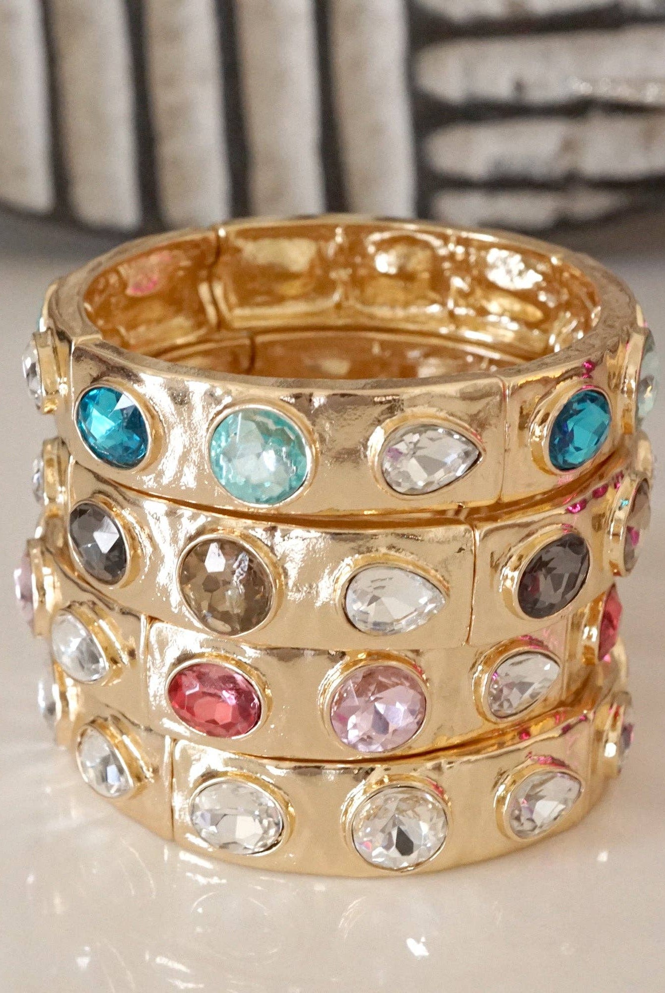 Sparkly Crystal Stretch Bangles – Gold Tone with Color Options-Bracelets-PennyLine inc-Stuffology - Where Vintage Meets Modern, A Boutique for Real Women in Crosbyton, TX