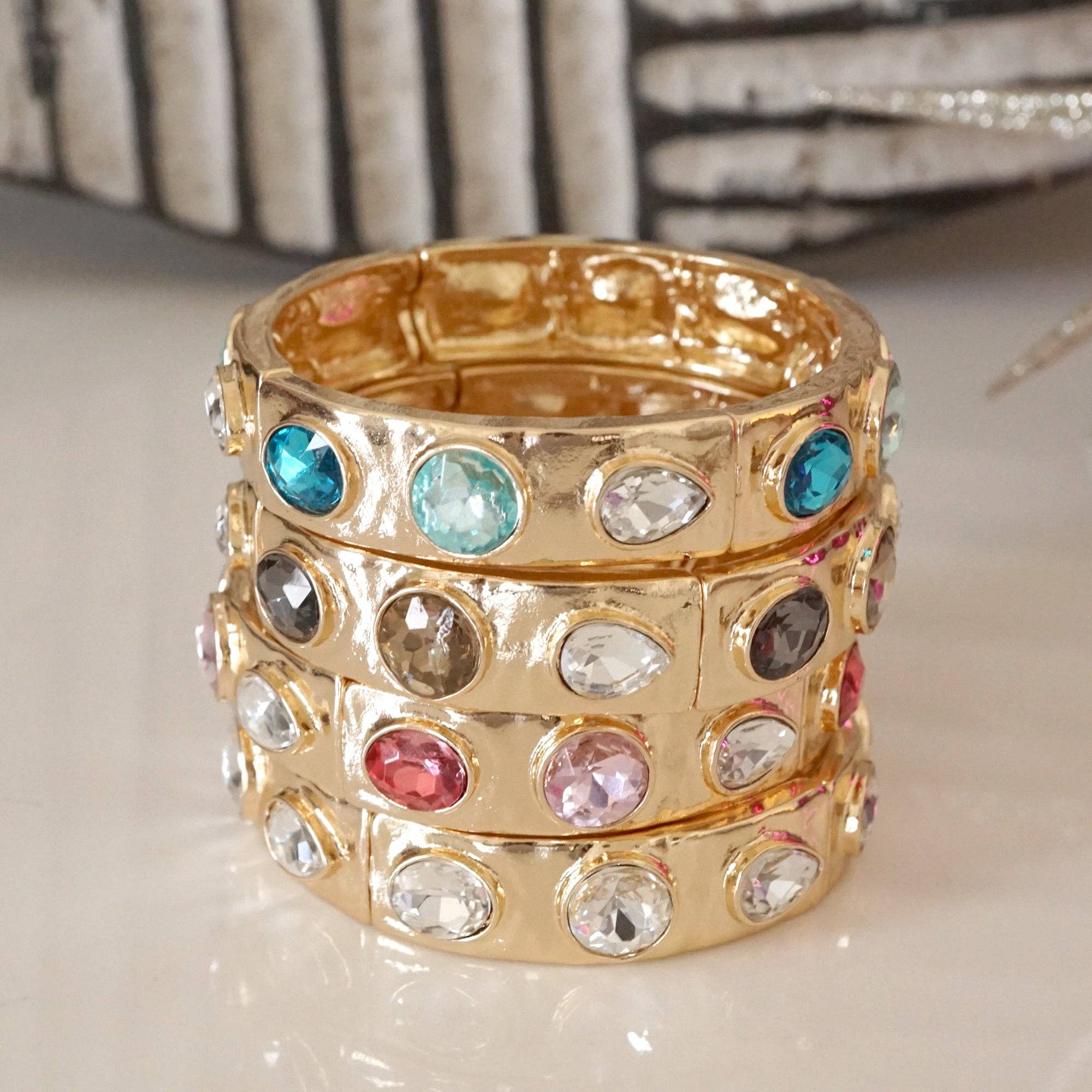 Sparkly Crystal Stretch Bangles – Gold Tone with Color Options-Bracelets-PennyLine inc-Stuffology - Where Vintage Meets Modern, A Boutique for Real Women in Crosbyton, TX