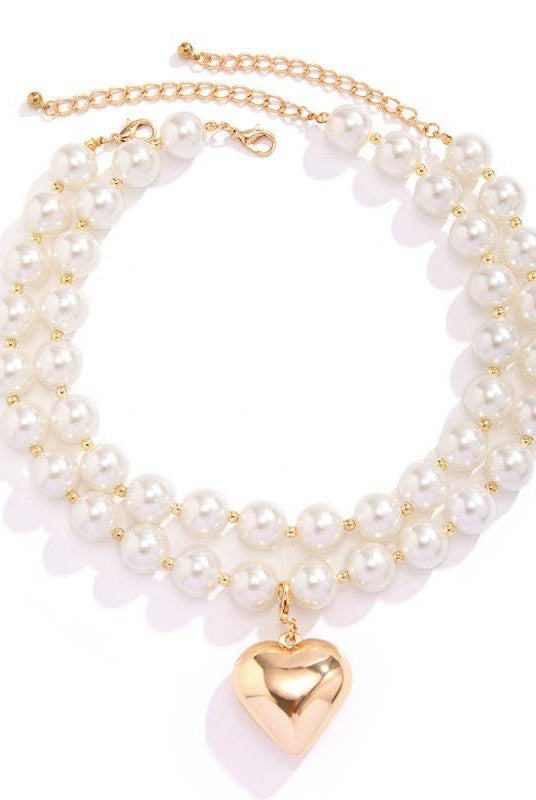 LUSTROUS PEARL BEADED LAYERED HEART NECKLACE-Necklaces-JOSSLYN by wall to wall-Stuffology - Where Vintage Meets Modern, A Boutique for Real Women in Crosbyton, TX