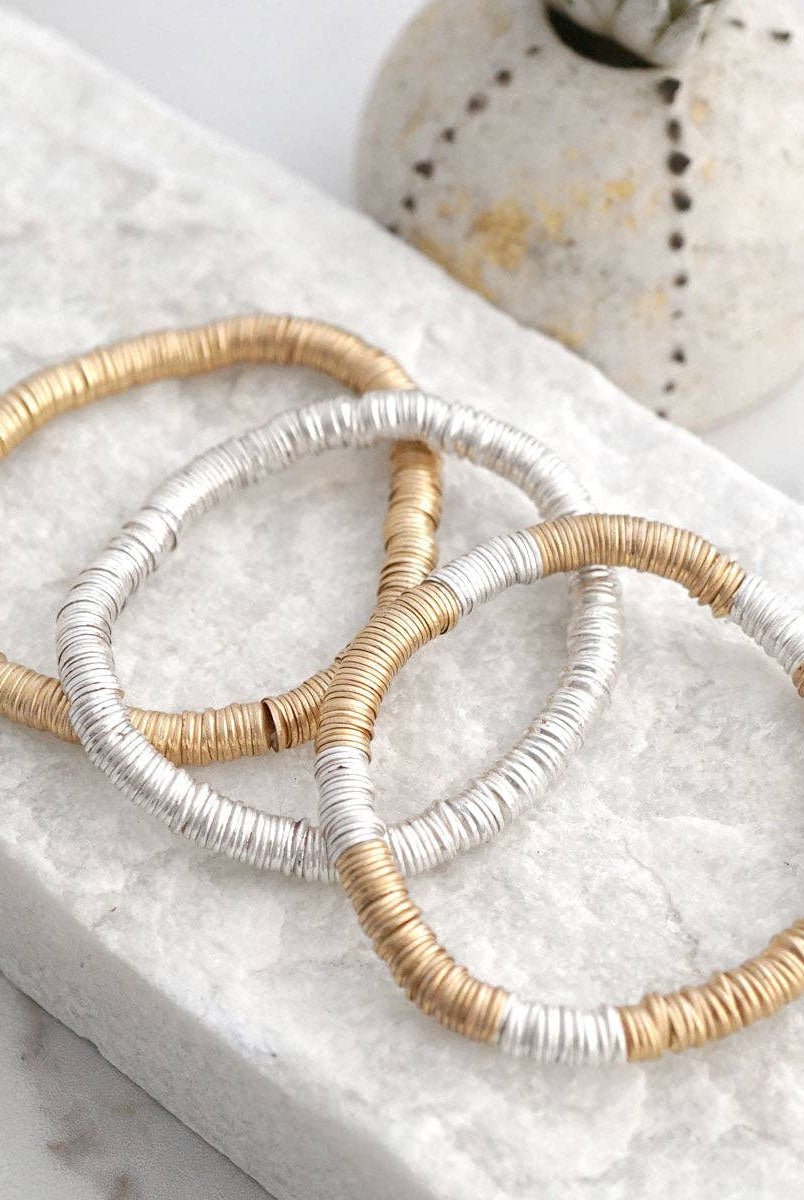 Heishi Disc Boho beaded stretchy bracelet Silver Gold Shell-Bracelets-PennyLine inc-Stuffology - Where Vintage Meets Modern, A Boutique for Real Women in Crosbyton, TX