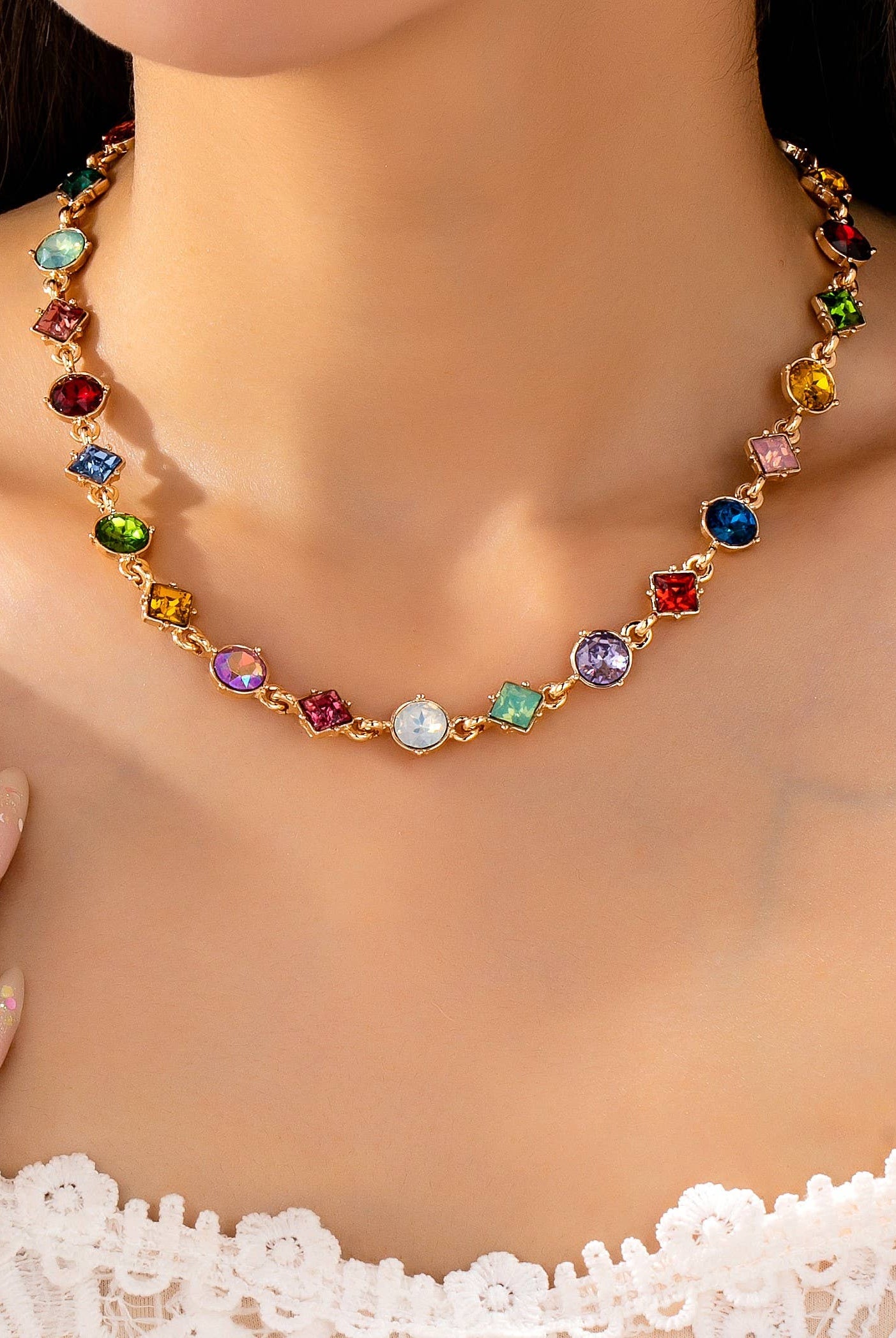 Multicolored Mixed-Shape Crystal Station Necklace | 80N93256-Necklaces-JOSSLYN by wall to wall-Stuffology - Where Vintage Meets Modern, A Boutique for Real Women in Crosbyton, TX