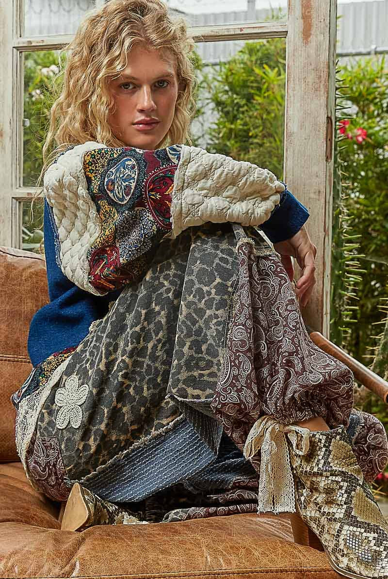 POL Clothing - Denim Patchwork Jacket-Denim Jacket-Pol Clothing-Stuffology - Where Vintage Meets Modern, A Boutique for Real Women in Crosbyton, TX