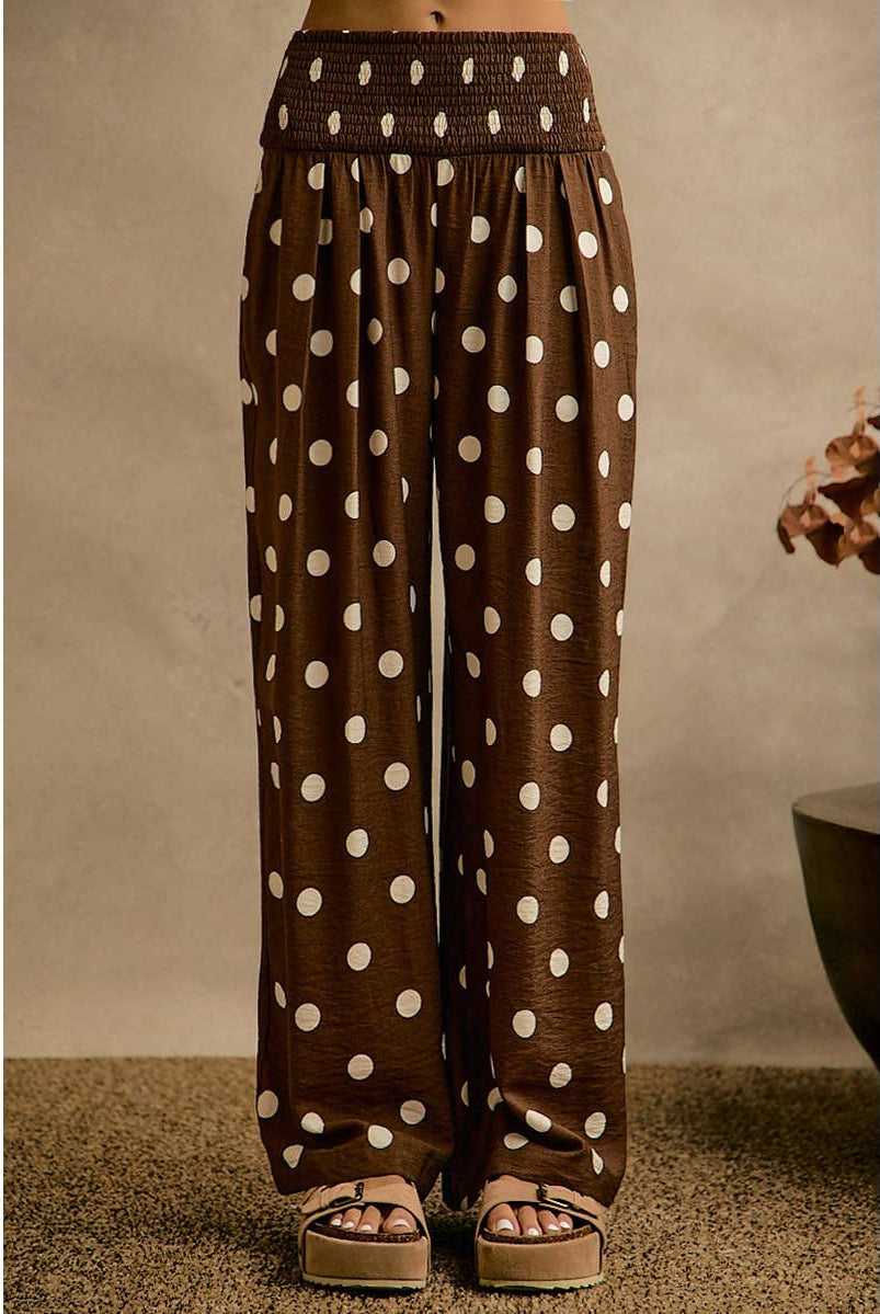 POLKA DOT CREPE SMOCKED POCKET WIDE LEG PANTS-So Me-Stuffology - Where Vintage Meets Modern, A Boutique for Real Women in Crosbyton, TX