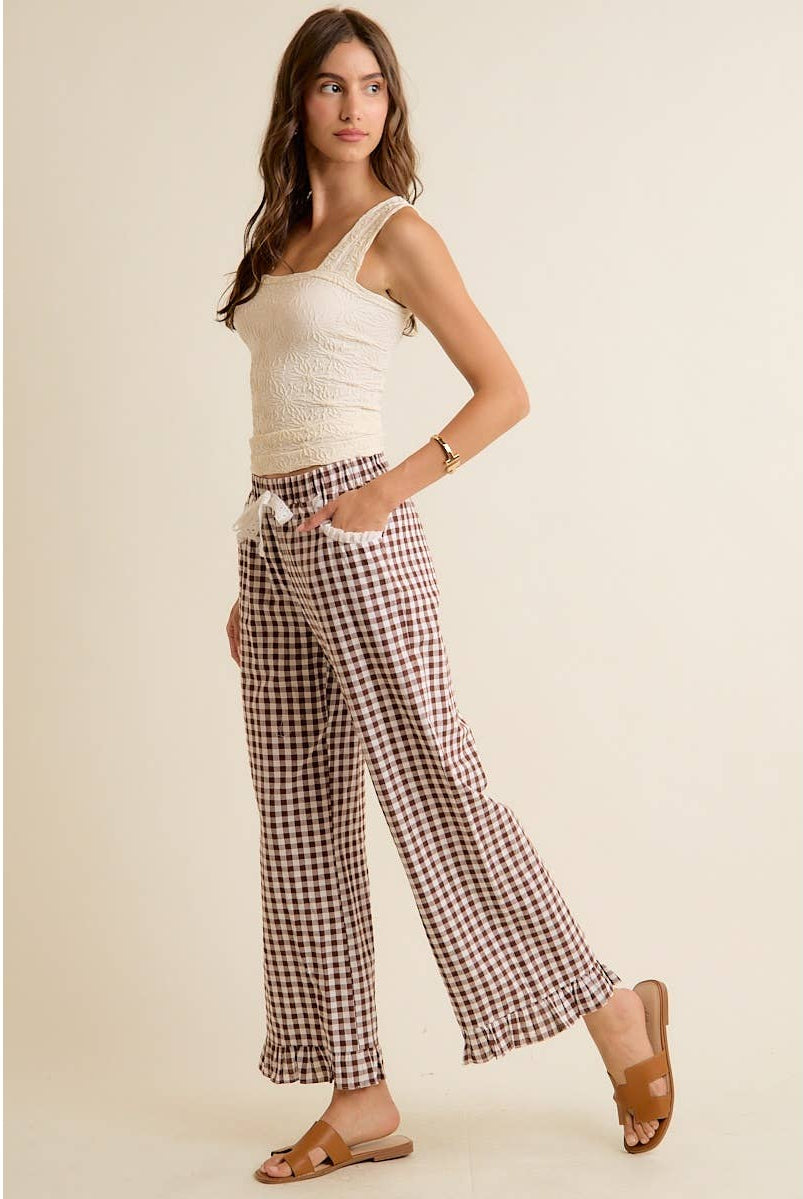 GINGHAM LACE RUFFLED PULL ON PANTS-So Me-Stuffology - Where Vintage Meets Modern, A Boutique for Real Women in Crosbyton, TX