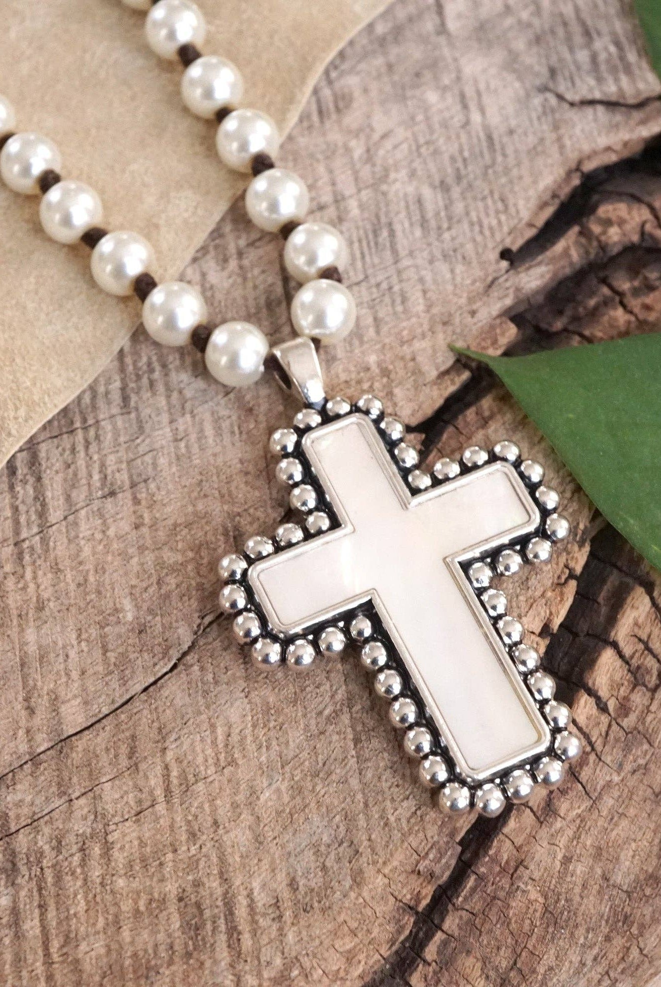 Pearlized beads Necklace with Cross and Clover pendant Mother of Pearl Abalone-PennyLine inc-Stuffology - Where Vintage Meets Modern, A Boutique for Real Women in Crosbyton, TX