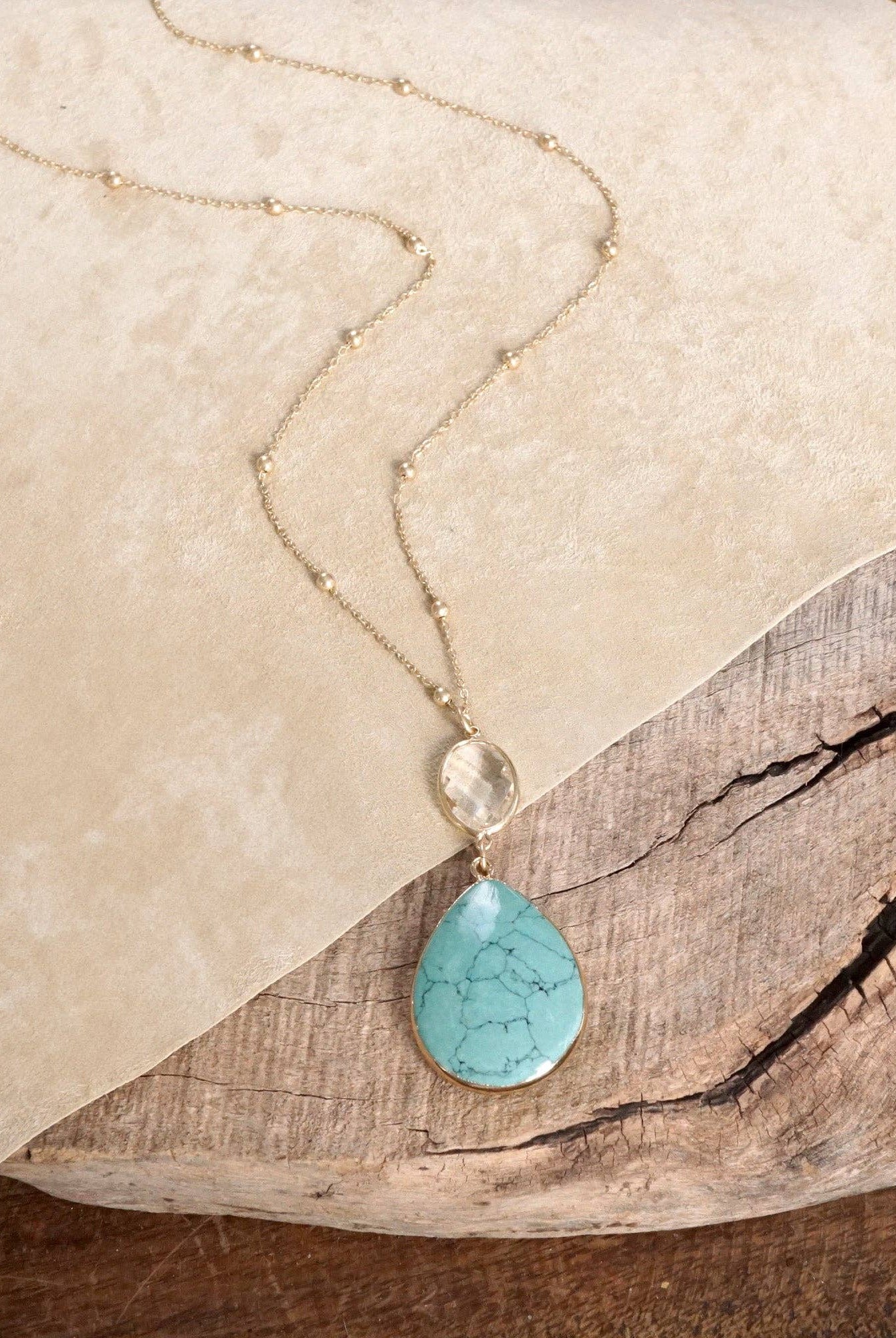 Boho Minimal Long Necklace with Teardrop Natural Stone Pendant – Turquoise and Worn Gold Tone-PennyLine inc-Stuffology - Where Vintage Meets Modern, A Boutique for Real Women in Crosbyton, TX