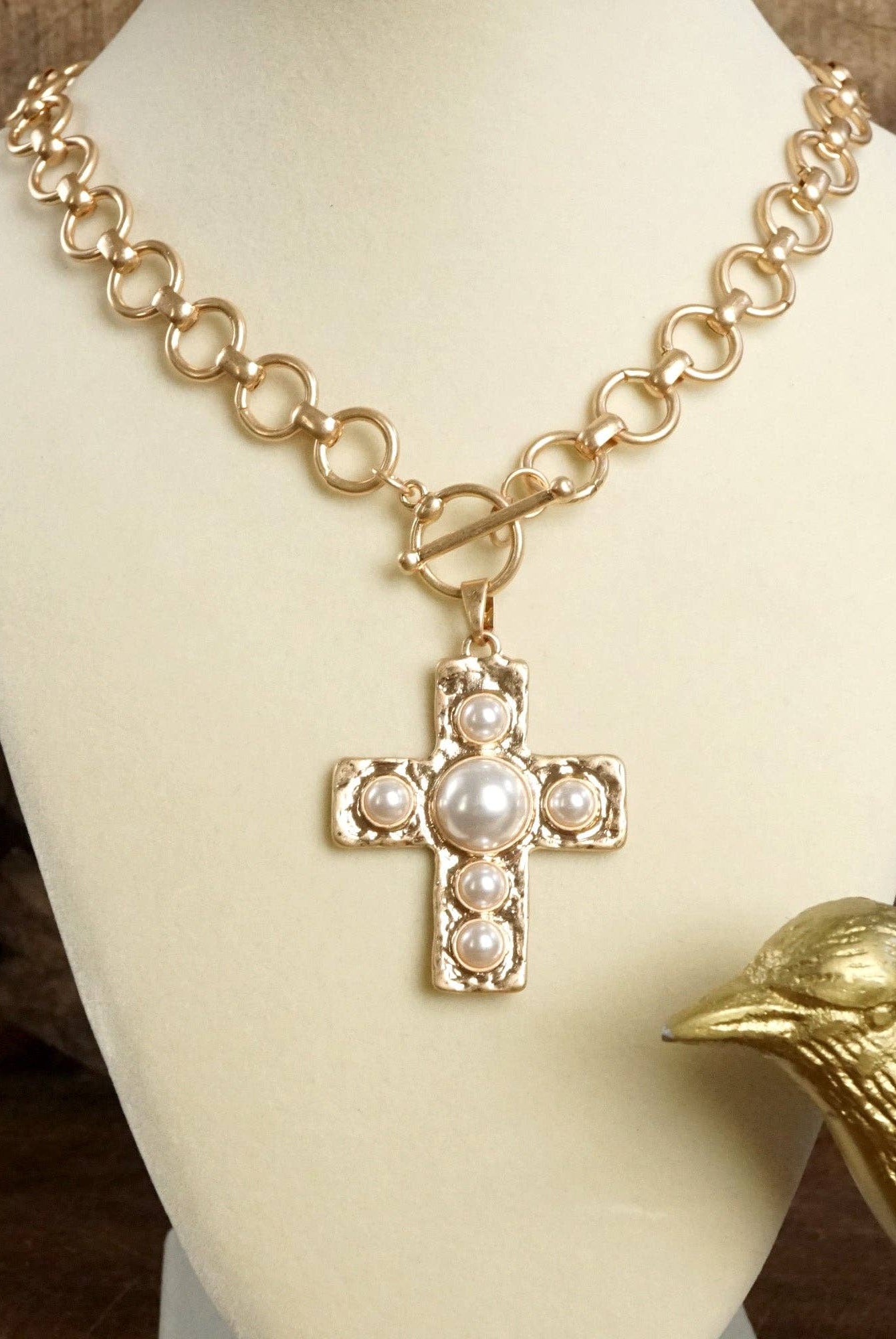 Primitive Cross Necklace – Worn Gold Tone with Acrylic Turquoise or Pearl Cabochons-PennyLine inc-Stuffology - Where Vintage Meets Modern, A Boutique for Real Women in Crosbyton, TX