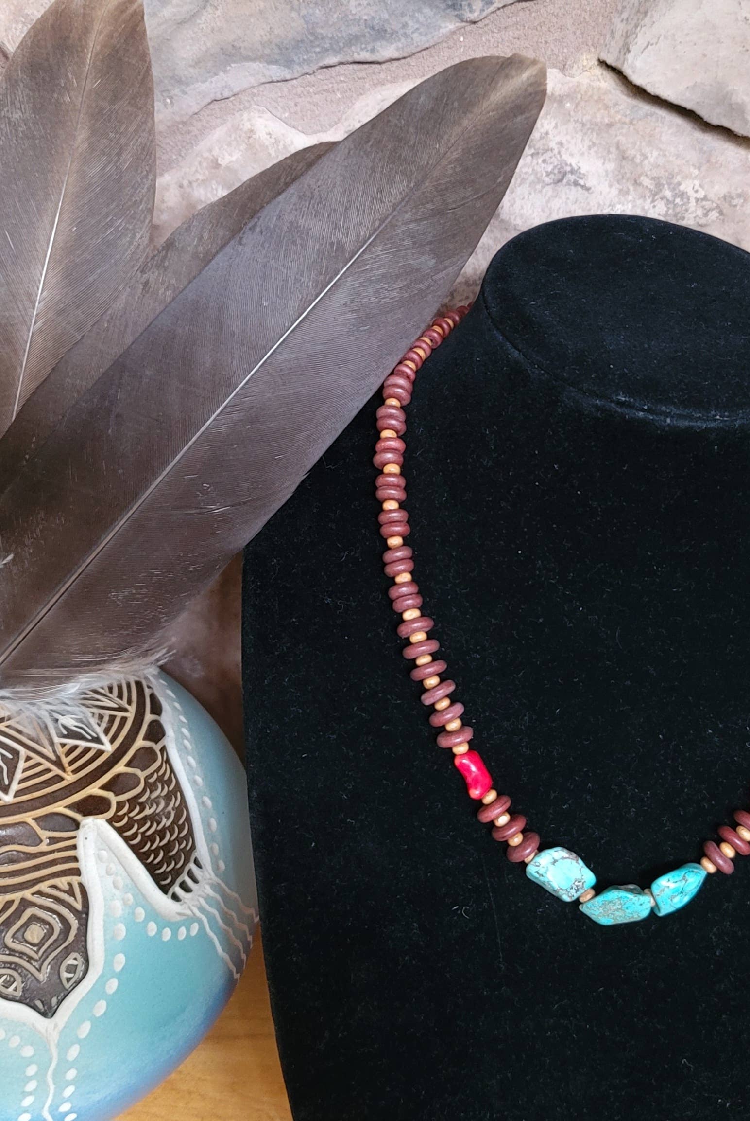 Turquoise, Coral Necklace, wood beads Native American made-Necklaces-Horse Spirit Studio-Stuffology - Where Vintage Meets Modern, A Boutique for Real Women in Crosbyton, TX