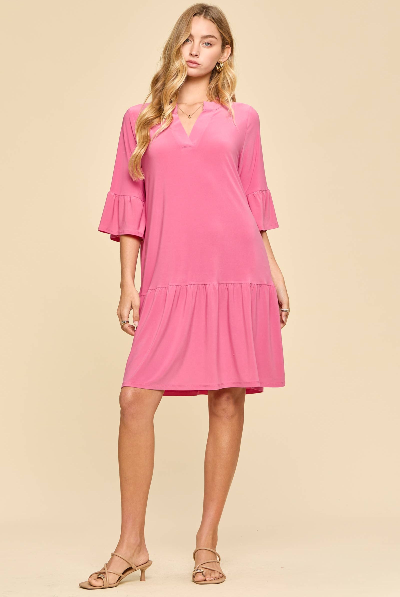 Shirred Tiered Relaxed 3/4 Sleeve Dress-Dresses-Dear Scarlett-Stuffology - Where Vintage Meets Modern, A Boutique for Real Women in Crosbyton, TX