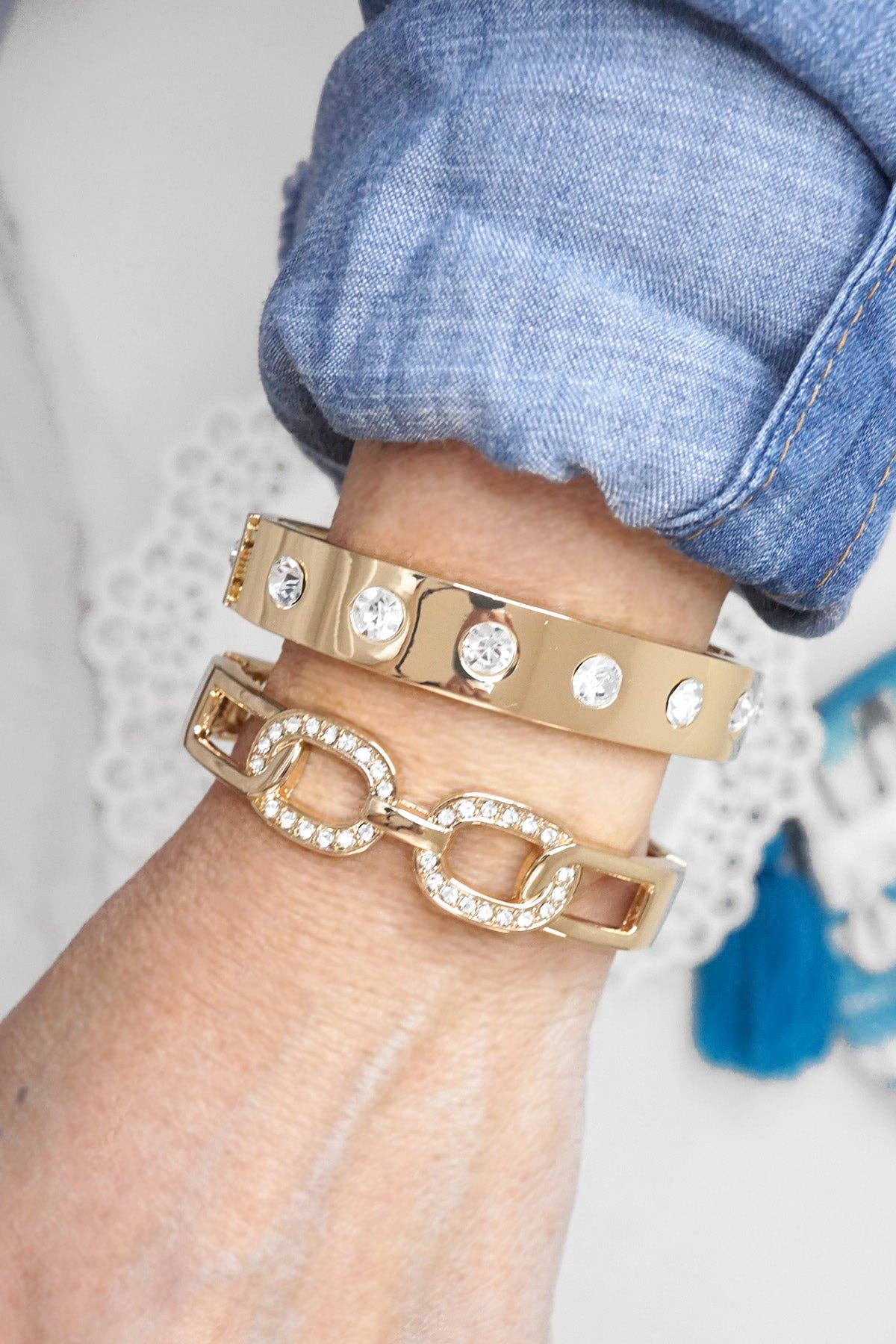 Sparkly Bangles hinge stretch links Gold tone Crystals-Bracelets-PennyLine inc-Stuffology - Where Vintage Meets Modern, A Boutique for Real Women in Crosbyton, TX