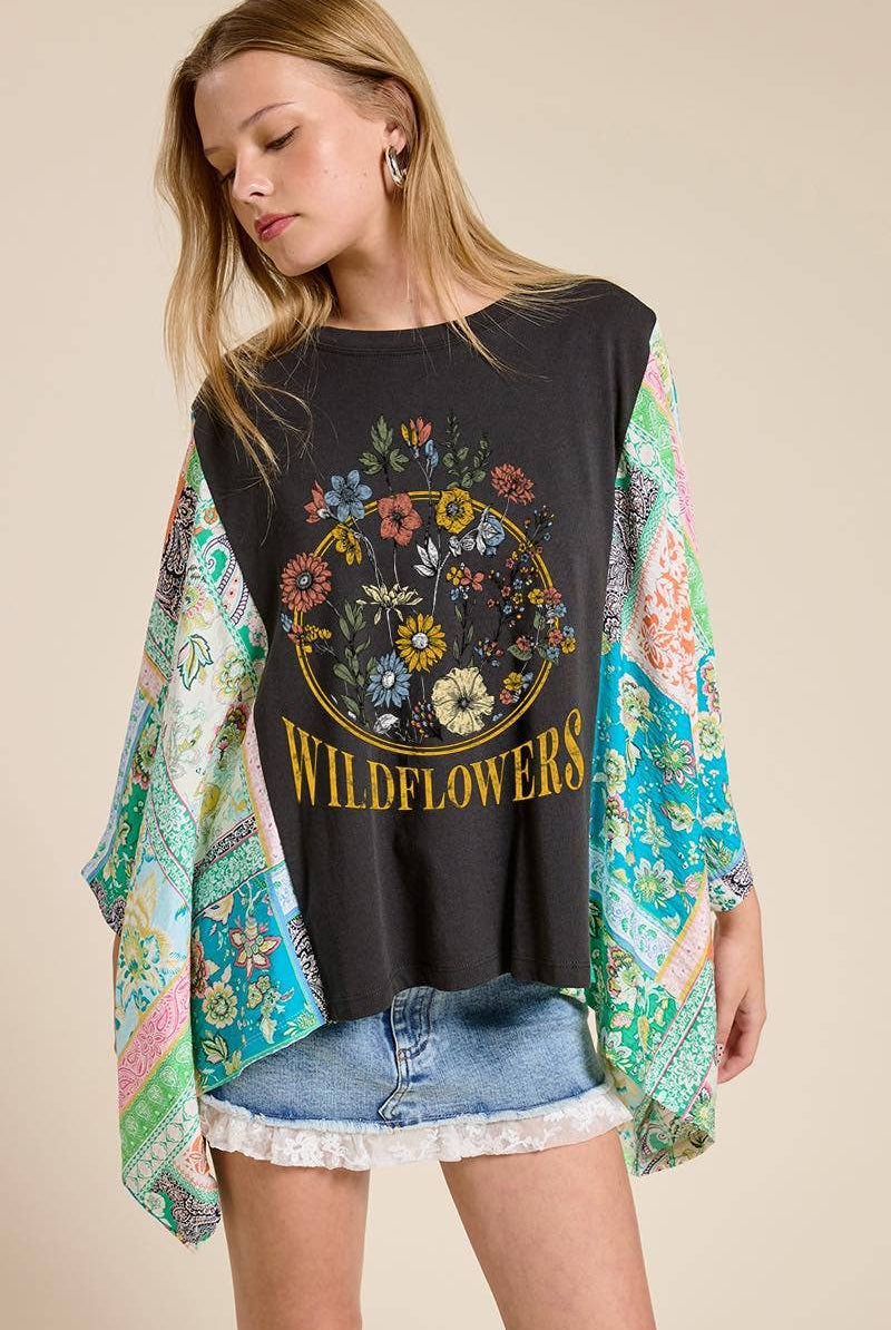 Wildflowers Vintage Graphic Rustic Contrast Poncho Top-Graphic Tees-Zutter-Stuffology - Where Vintage Meets Modern, A Boutique for Real Women in Crosbyton, TX