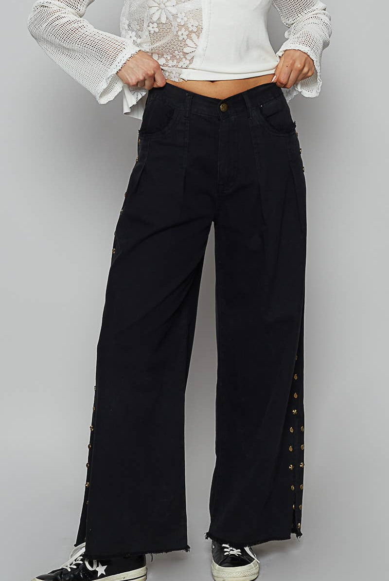 POL Clothing - Solid Stud Detail Twill Wide Woven Pants-Pol Clothing-Stuffology - Where Vintage Meets Modern, A Boutique for Real Women in Crosbyton, TX