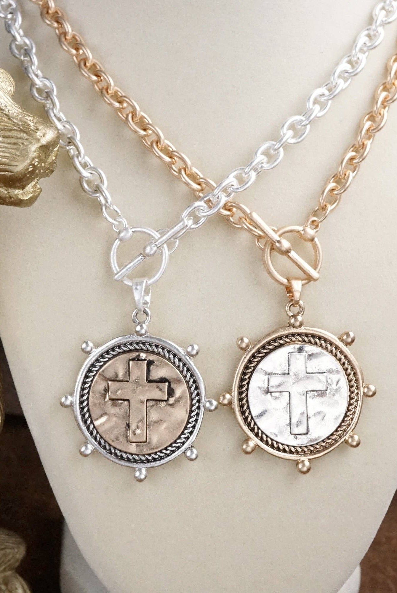 Divine Duo – Two-Tone Cross Coin Stud Earrings-Earrings-PennyLine inc-Stuffology - Where Vintage Meets Modern, A Boutique for Real Women in Crosbyton, TX