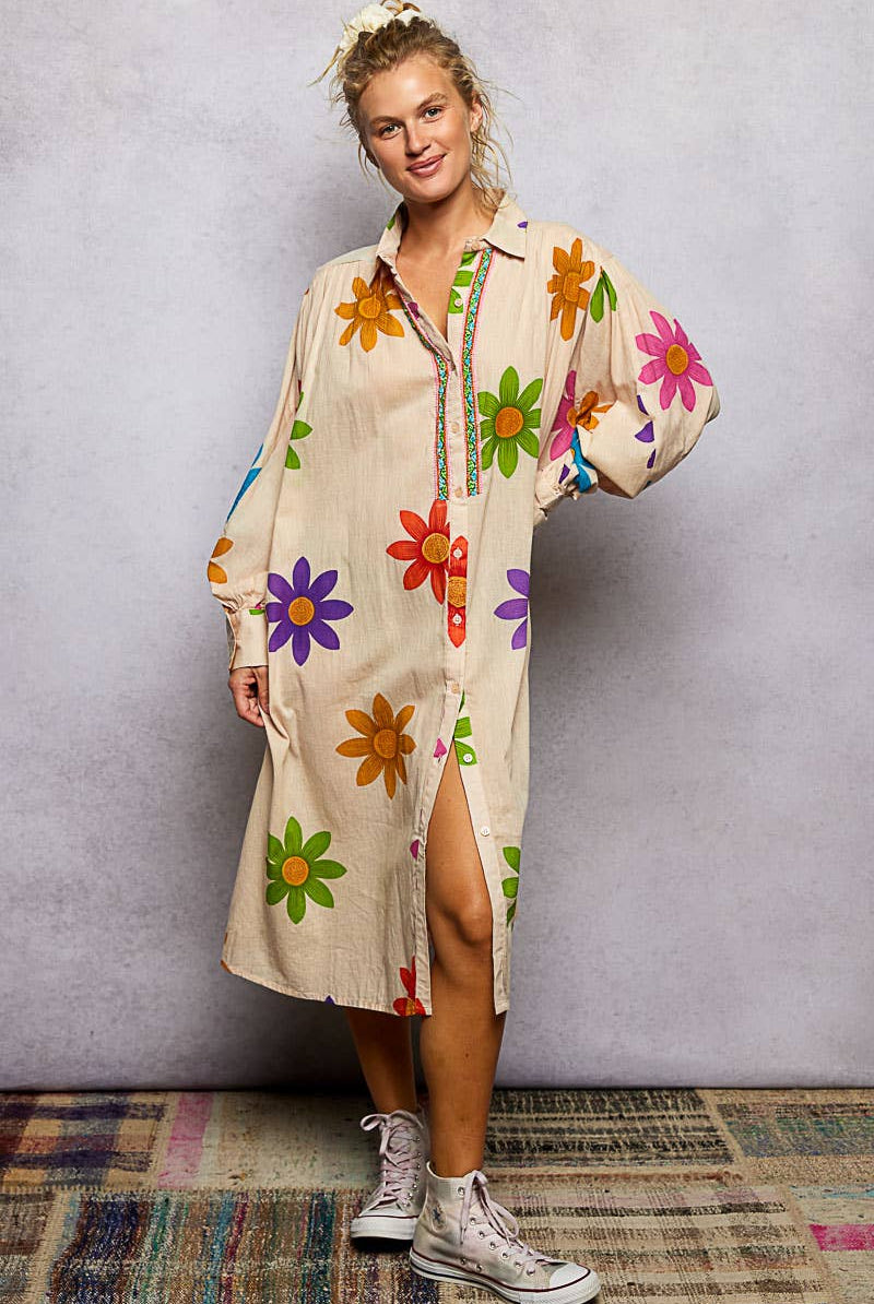 Long Sleeve Shirred Shoulder Beads Floral Print Shirt Dress-Dresses-Pol Clothing-Stuffology - Where Vintage Meets Modern, A Boutique for Real Women in Crosbyton, TX