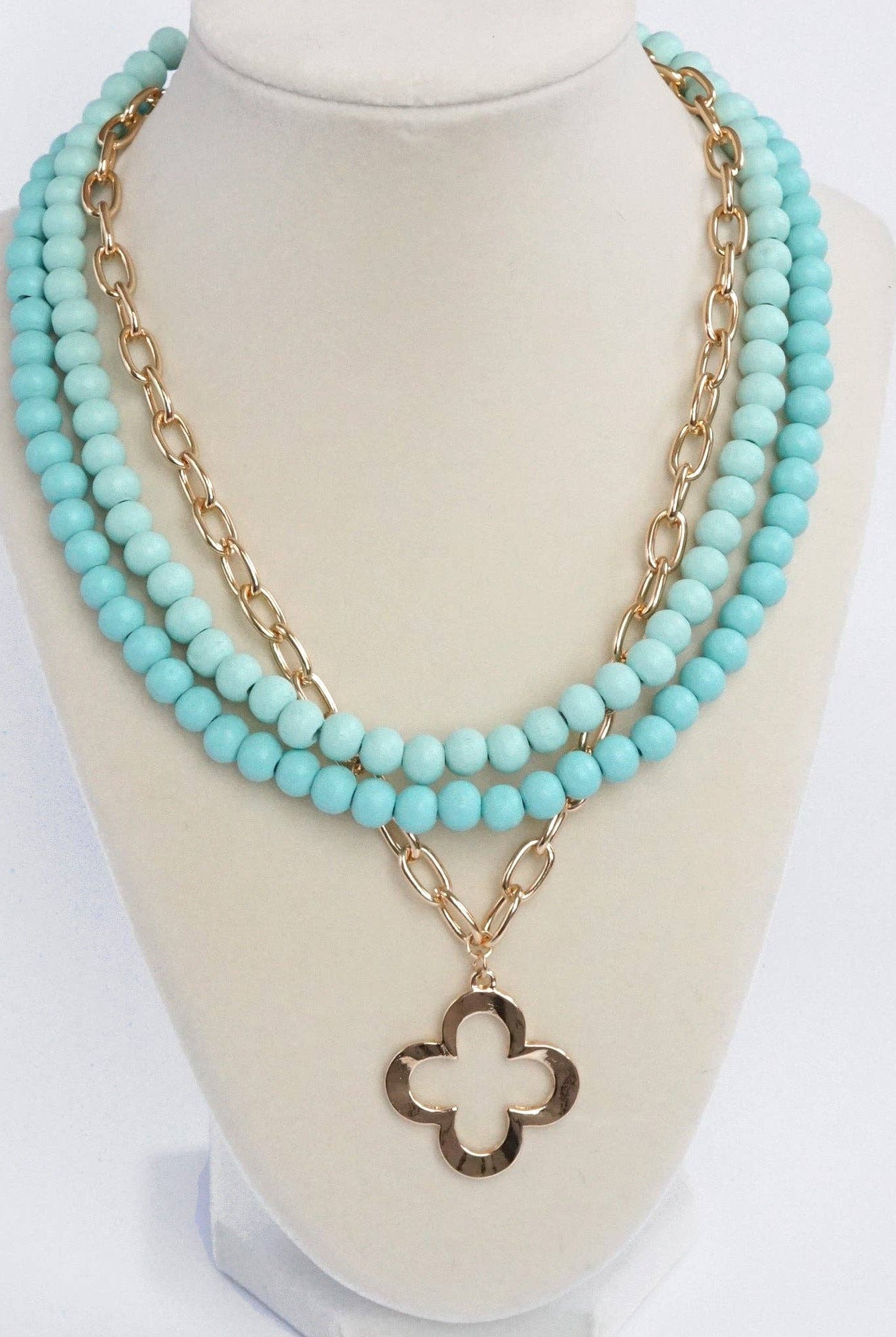 Short Necklace Wooden Beads Clover paperclip chain - Green-PennyLine inc-Stuffology - Where Vintage Meets Modern, A Boutique for Real Women in Crosbyton, TX