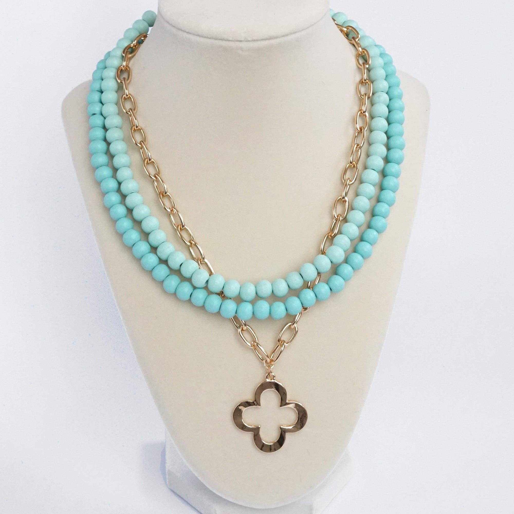 Short Necklace Wooden Beads Clover paperclip chain - Green-Necklaces-PennyLine inc-Stuffology - Where Vintage Meets Modern, A Boutique for Real Women in Crosbyton, TX