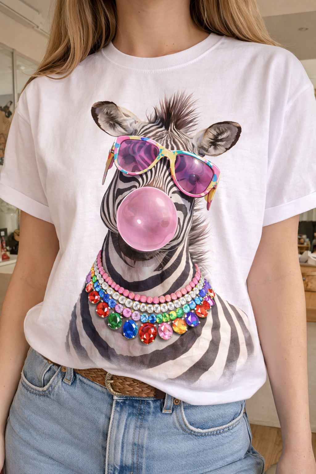 Jeweled Collar Bubble Gum Zebra Graphic Tee-Graphic Tees-Bling-A-GoGo, LLC-Stuffology - Where Vintage Meets Modern, A Boutique for Real Women in Crosbyton, TX