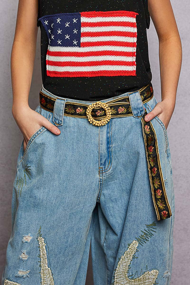POL Clothing Beaded Cycle Striped Floral Pattern Belt-BELT-Pol Clothing-Stuffology - Where Vintage Meets Modern, A Boutique for Real Women in Crosbyton, TX